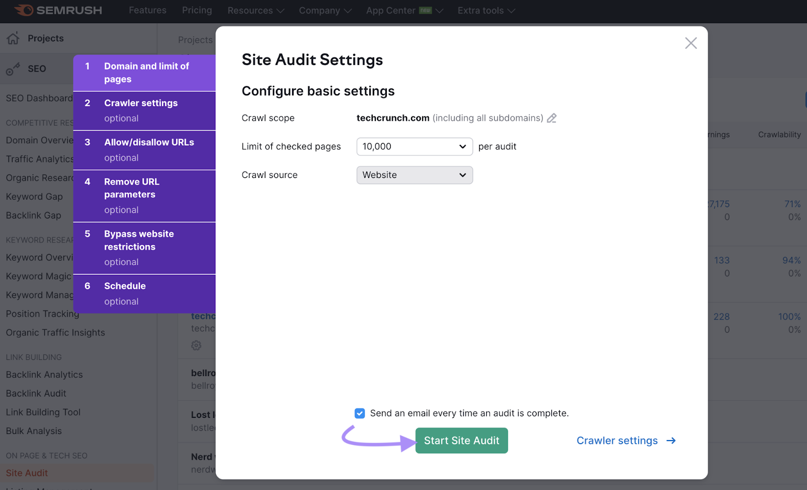 "Site Audit Settings" page