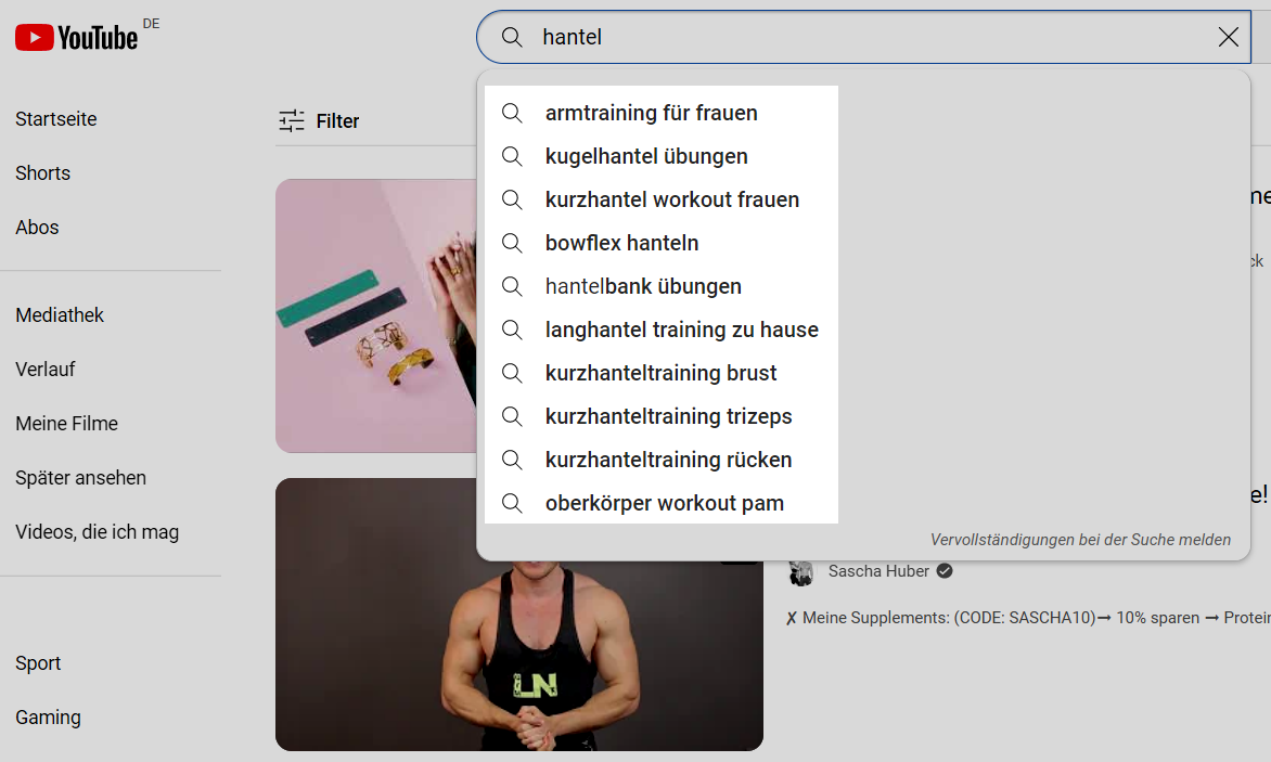 YouTube-Suchvorschläge für 'Hantel'
