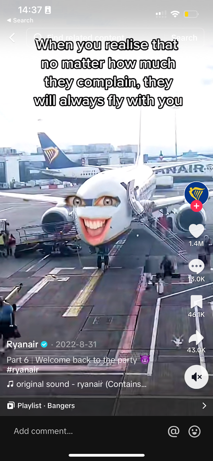 Ryanair's video on TikTok using humor