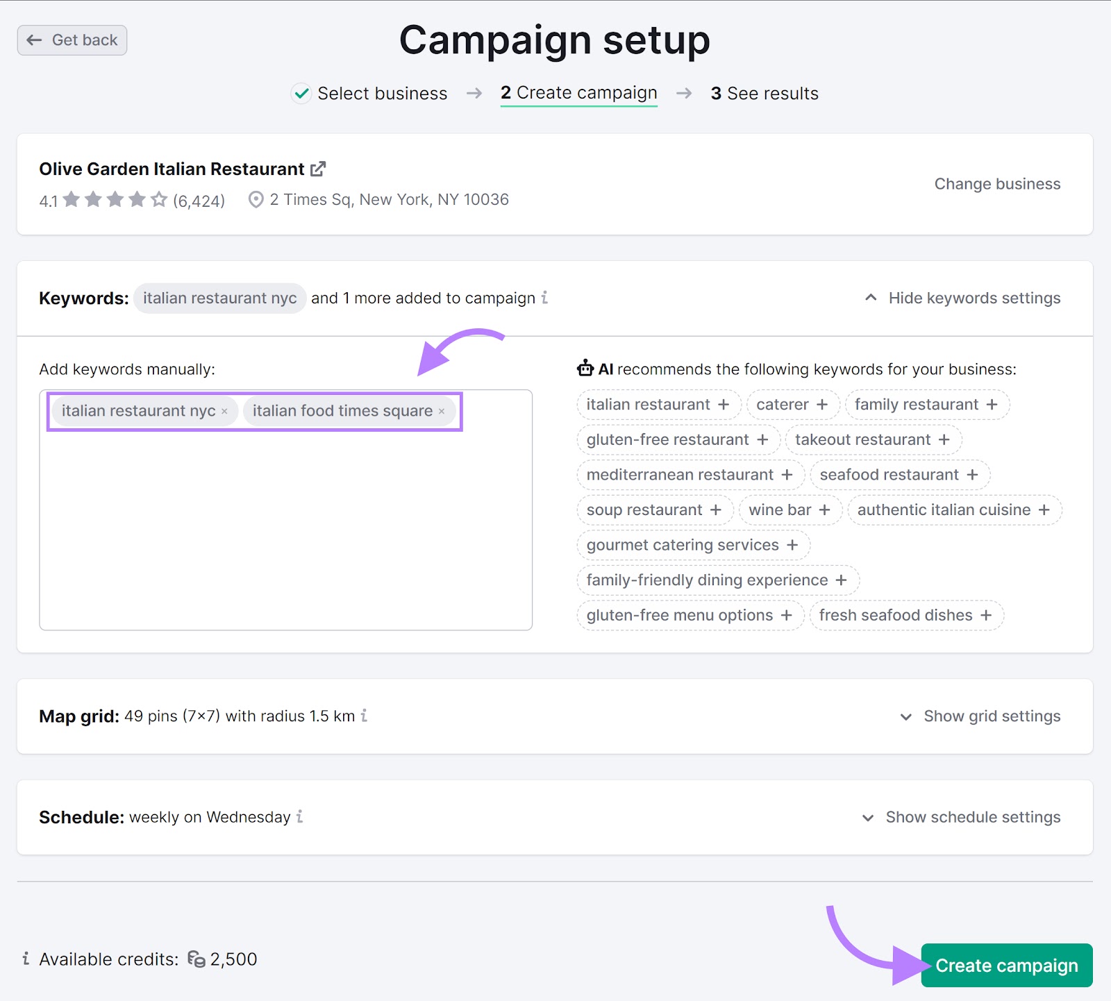 Map Rank Tracker tool "Campaign setup" section with two manually added keywords highlighted.