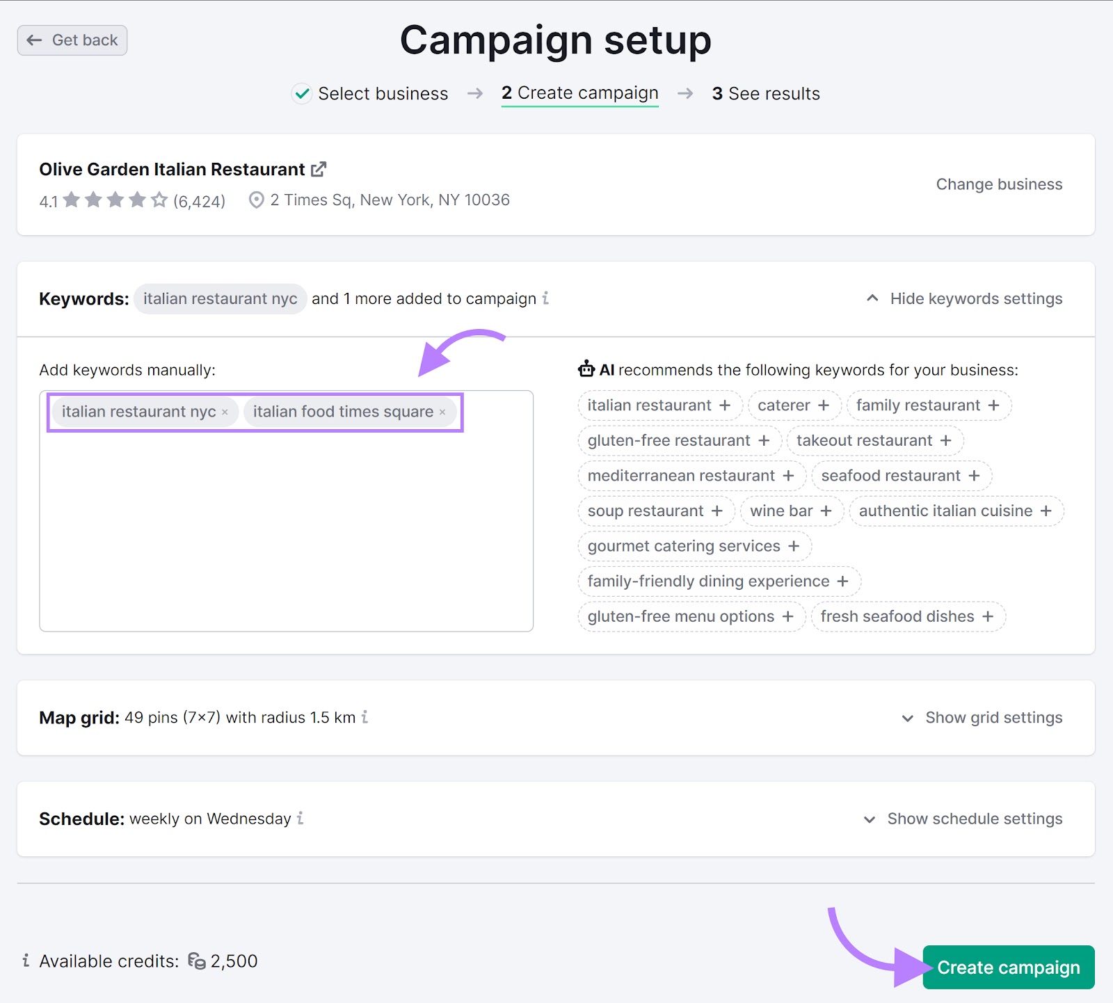 Sección "Configuración de la campaña" de la herramienta Map Rank Tracker con dos palabras clave añadidas manualmente resaltadas.