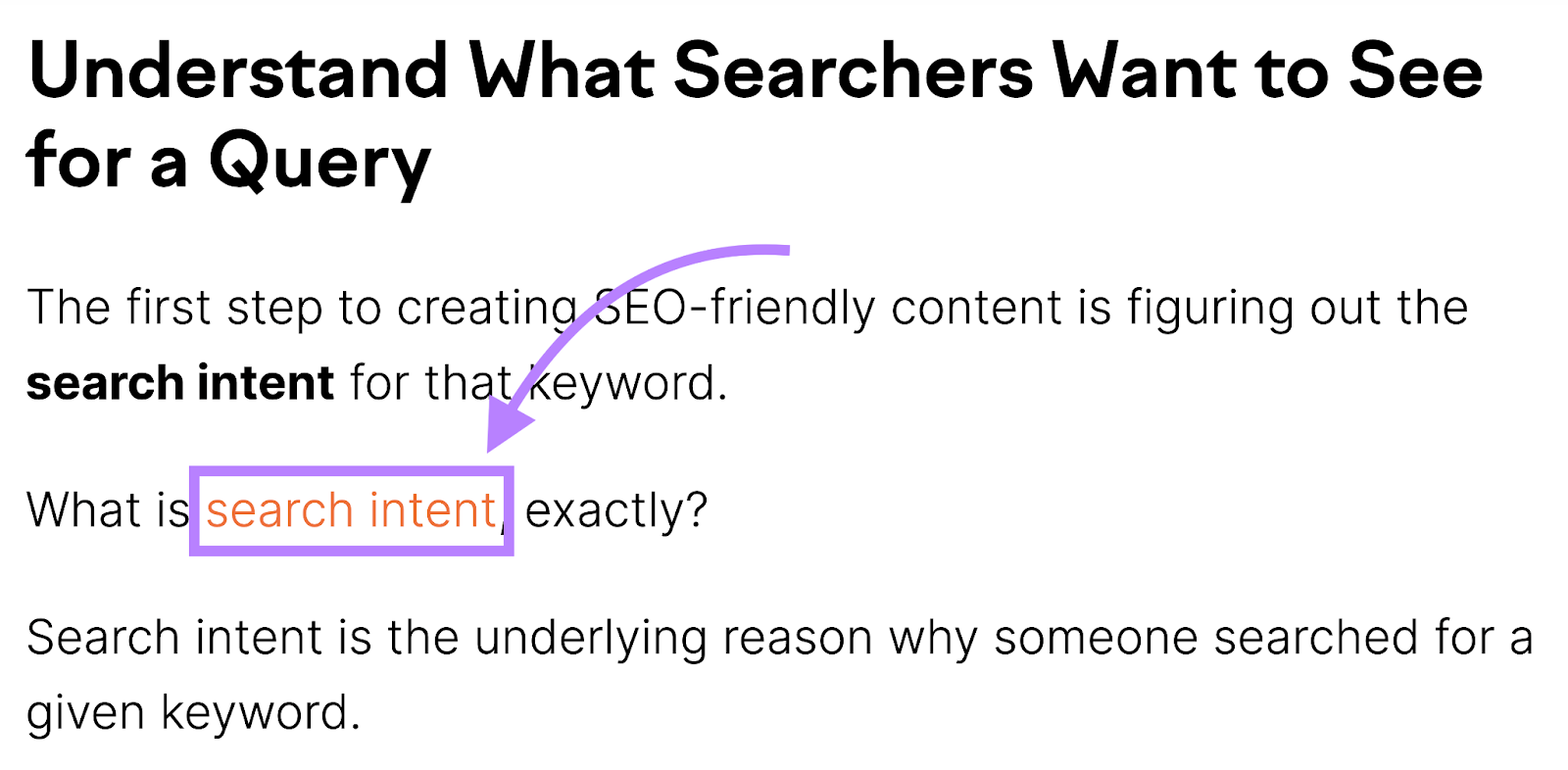 An example of an internal link with anchor text "search intent"