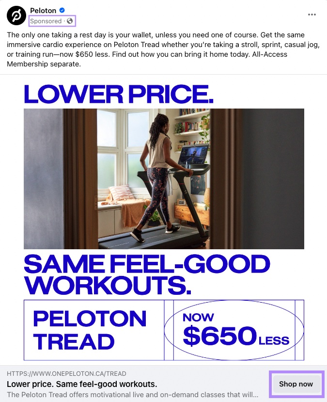 A Facebook image ad from Peleton, encouraging users to show their products at lower prices