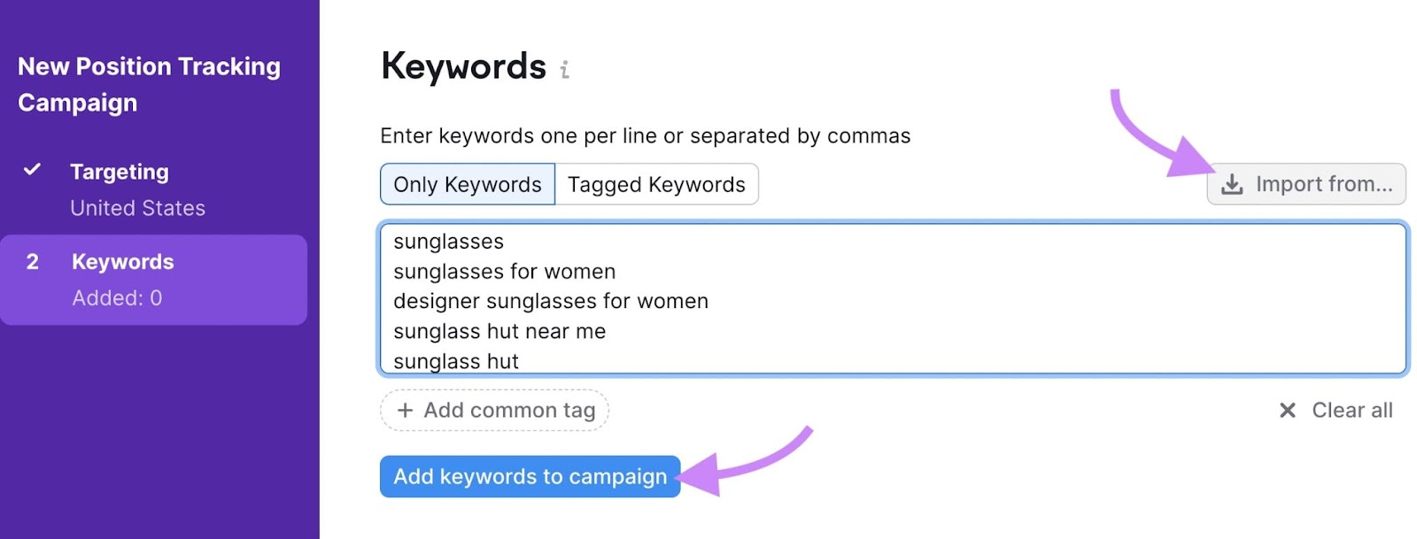 "Keywords" window in Position Tracking Settings