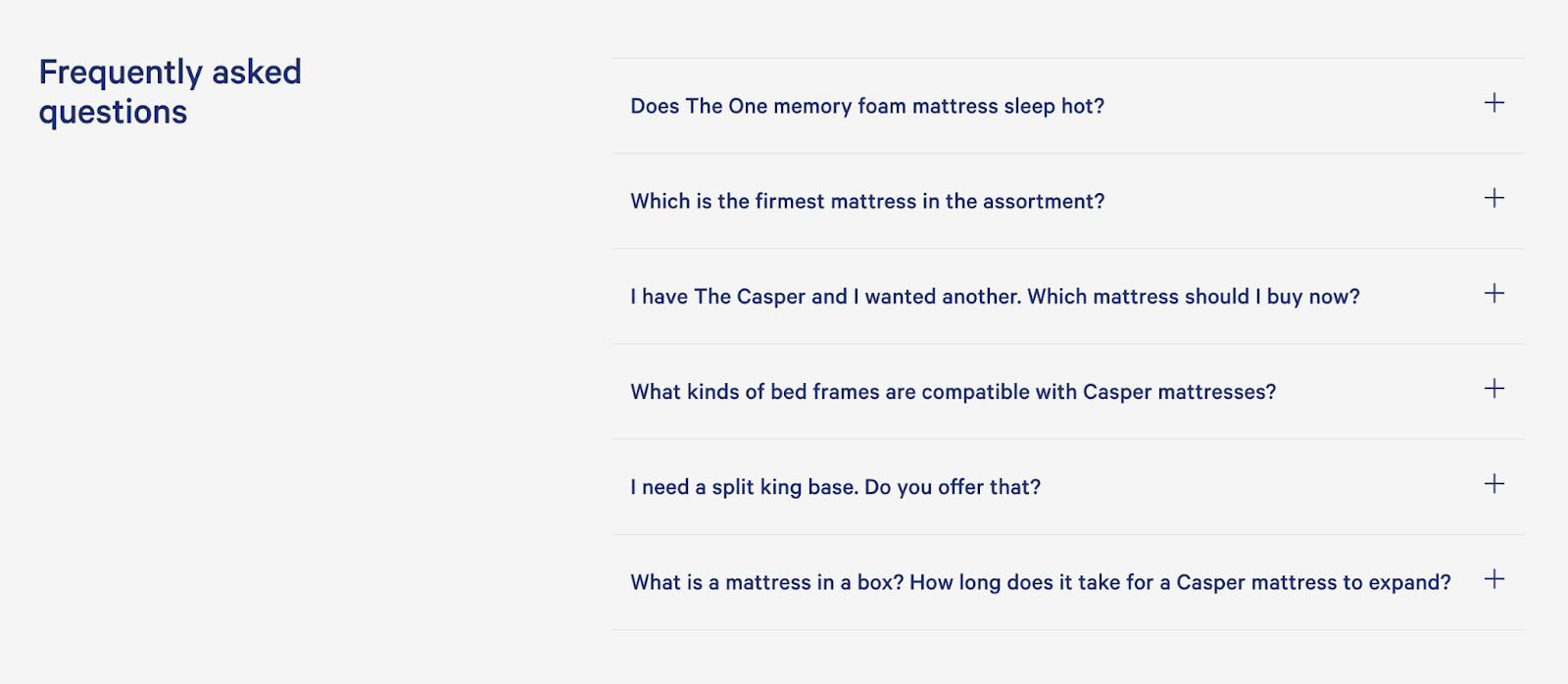 the FAQs section of Casper's mattress product page