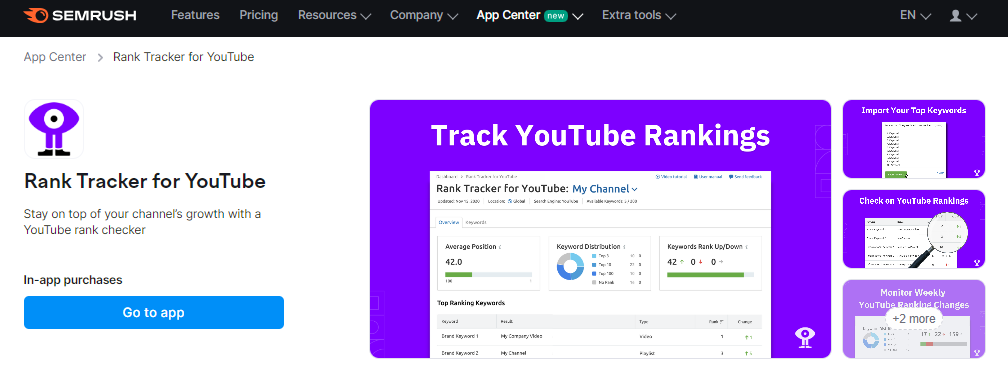 Semrush Rank Tracker for YouTube landing page.