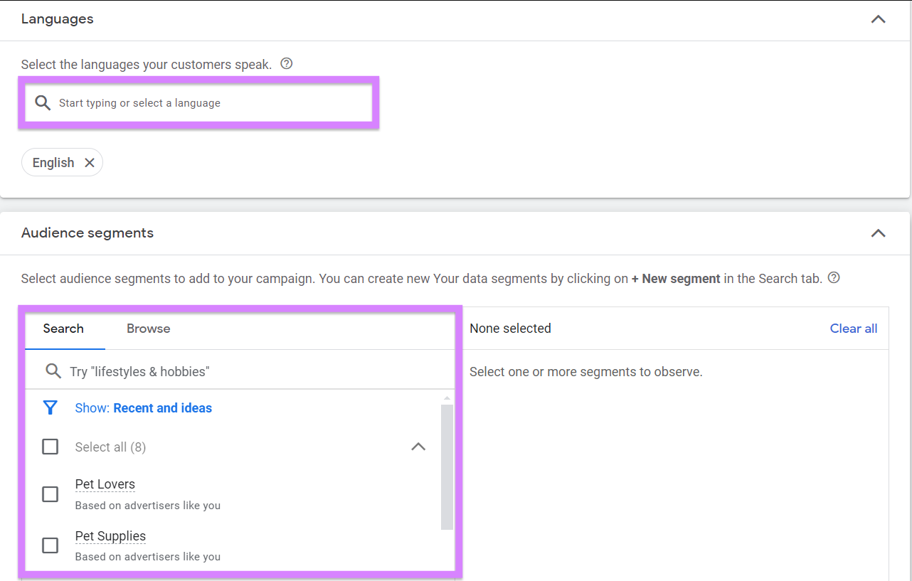 Select languages and assemblage  segments for your campaign