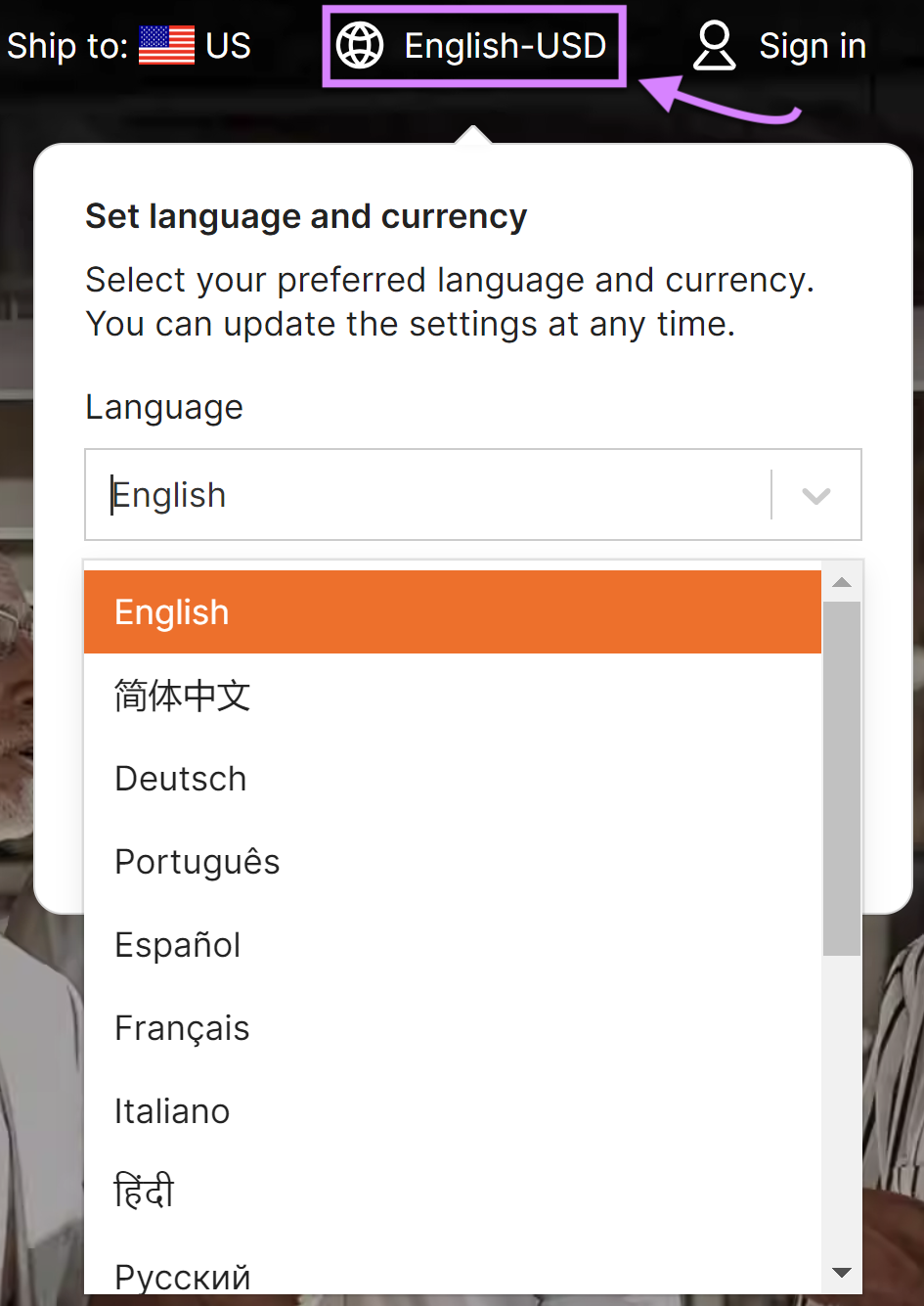 Language and currency drop-down menu on Alibaba's website