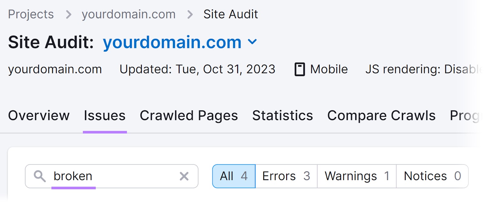 "broken" entered into the search under "Issues" tab in Site Audit