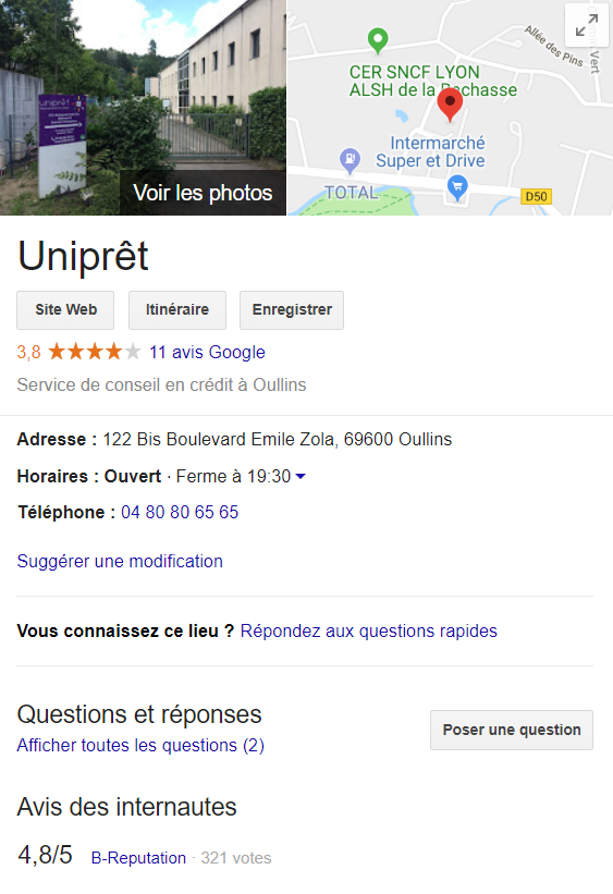 Encart Google My Business pour l'entreprise Uniprêt