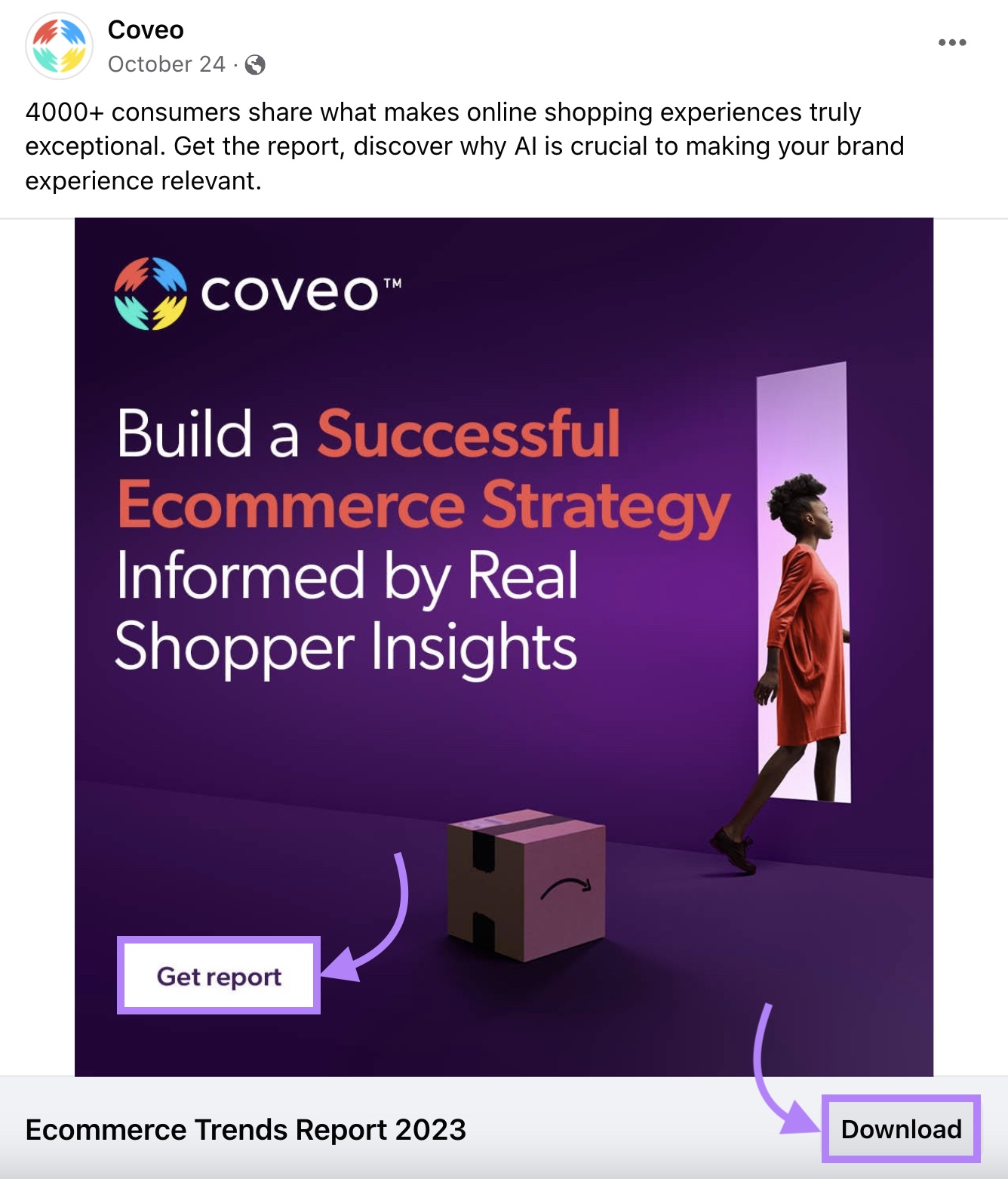 "Get report," and "Download" CTAs highlighted in Coveo's Facebook ad