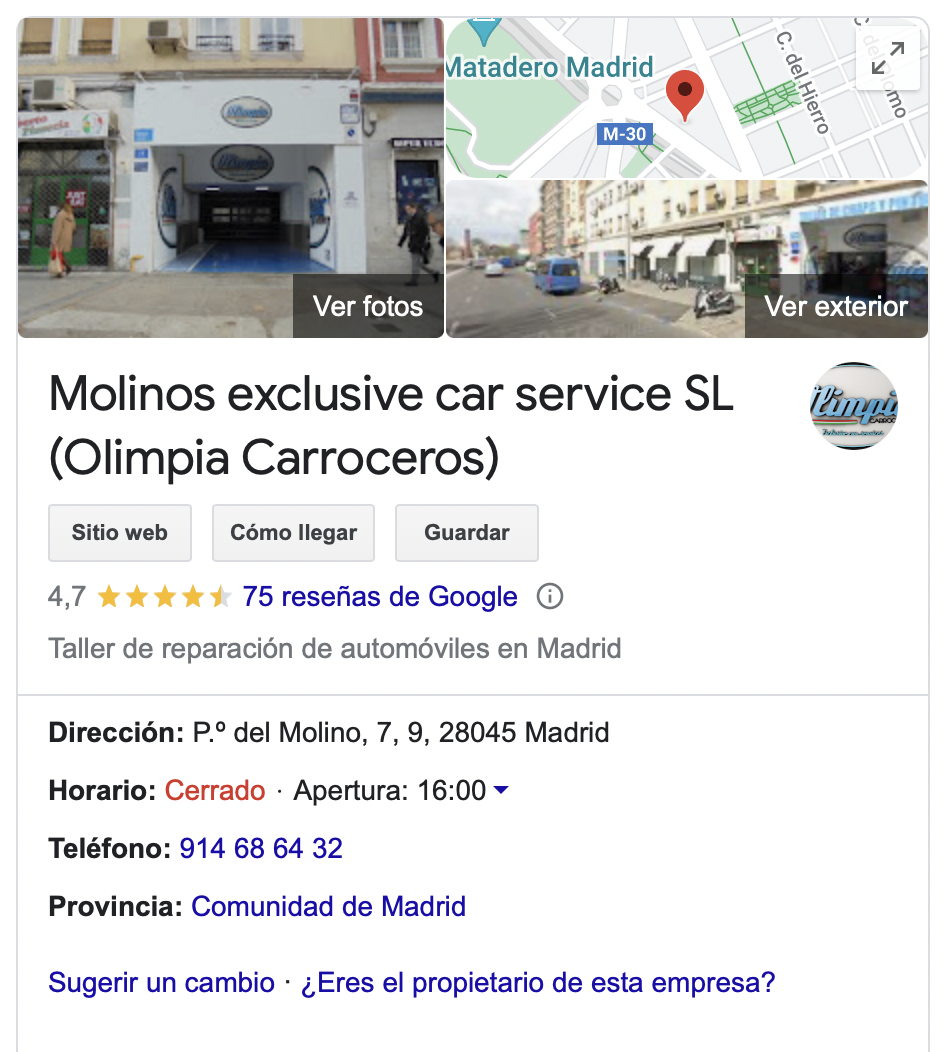 Aspecto de un Perfil de empresa en las SERP