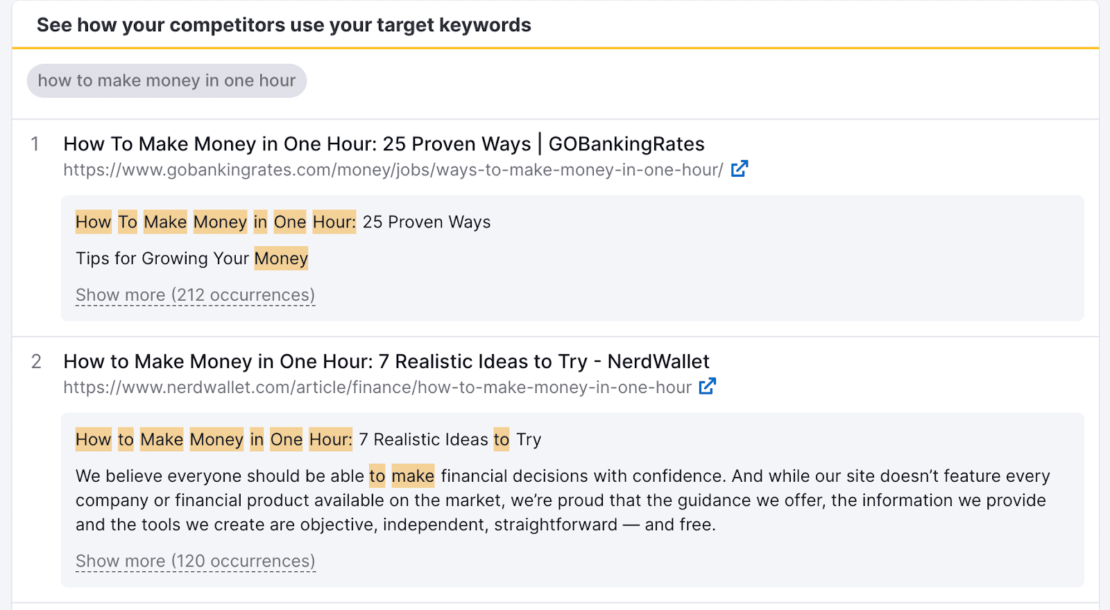"See how your competitors use your target keywords" report section in SEO Content Template