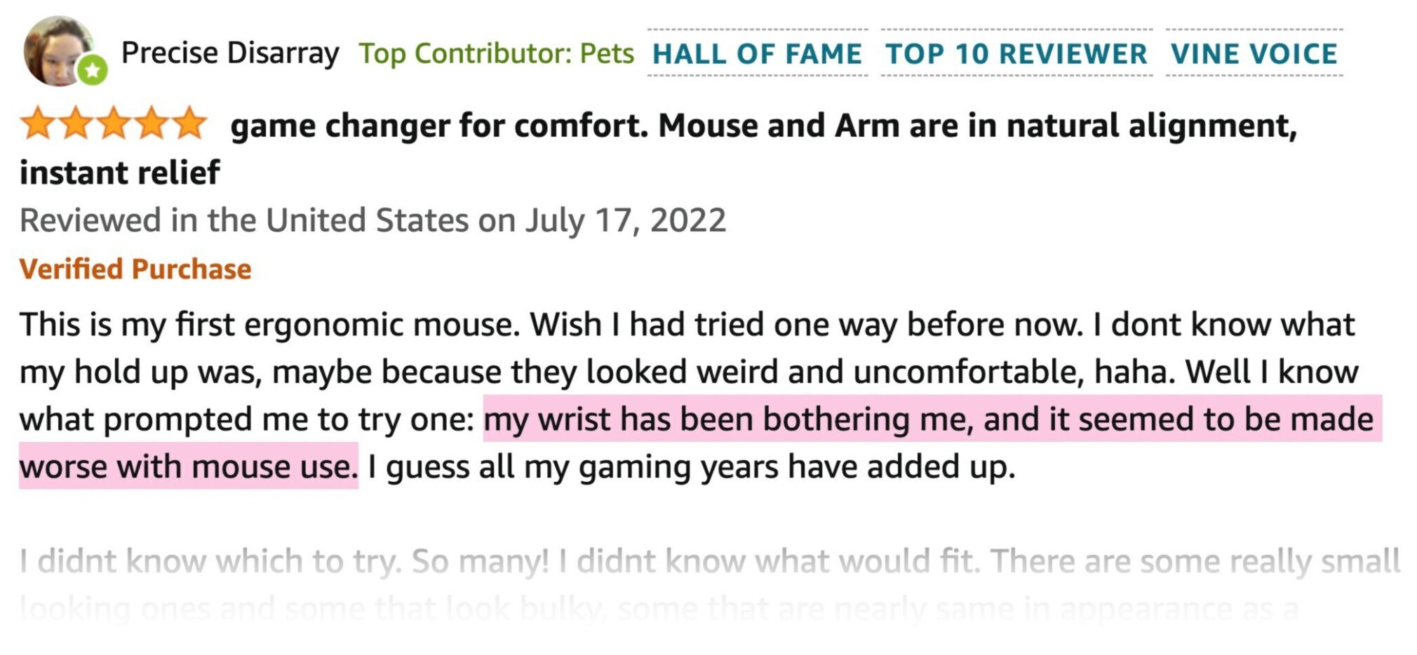 Amazon review with the words "my wrist has been bothering me, and it seemed to be made worse with mouse use" highlighted