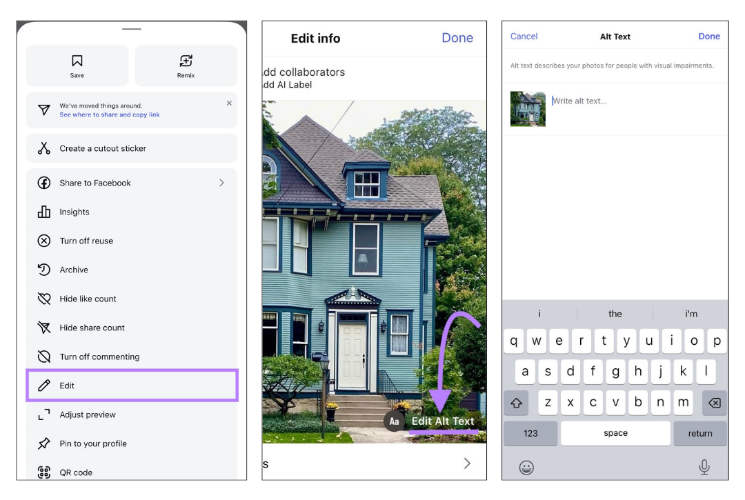 Step-by-step how to add alt text to Instagram posts.