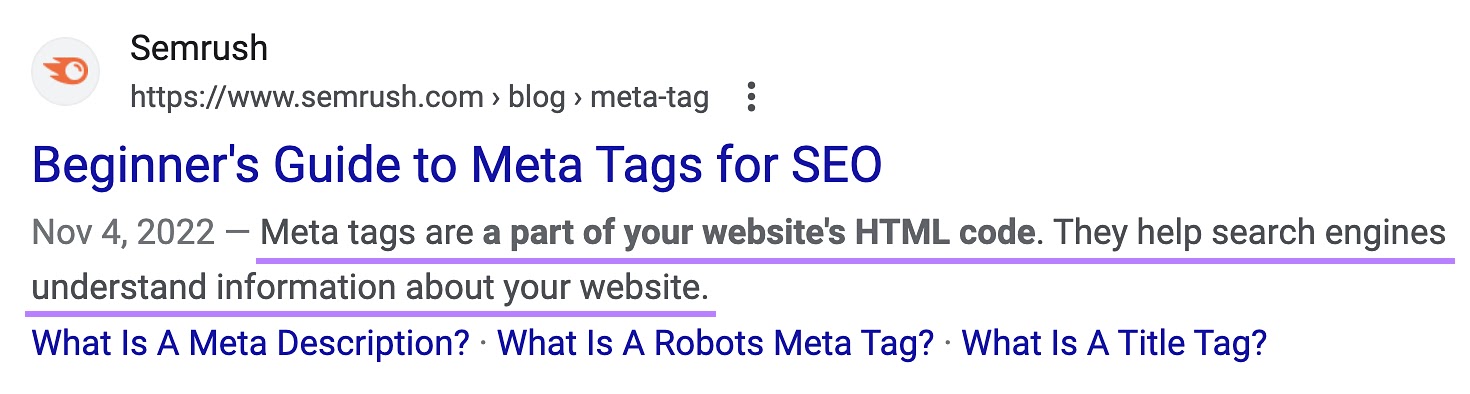 Semrush article shown in Google SERP with the meta description highlighted.