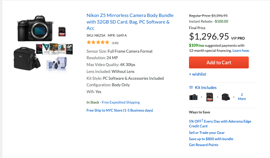 A screenshot of Adorama’s website shows that the company has created a unique selling point for the Nikon Z5 camera by bundling it with other products a first time camera user might need—an SD card, camera bag, and PC photo editing software. This package sells for the same price as just the Nikon Z5 body on other websites.