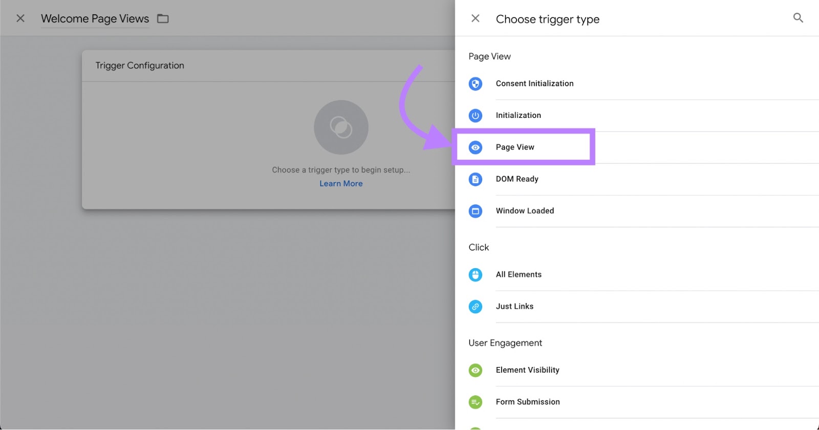 "Page View" selecionado no menu "Choose trigger type" (Escolher tipo de acionador)