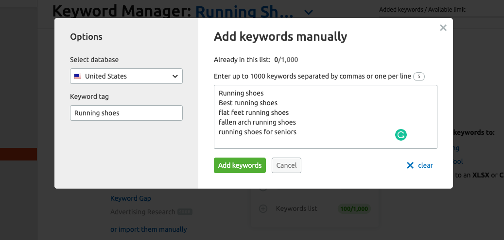 screenshot of semrush keyword manager tool - add keywords manually screen