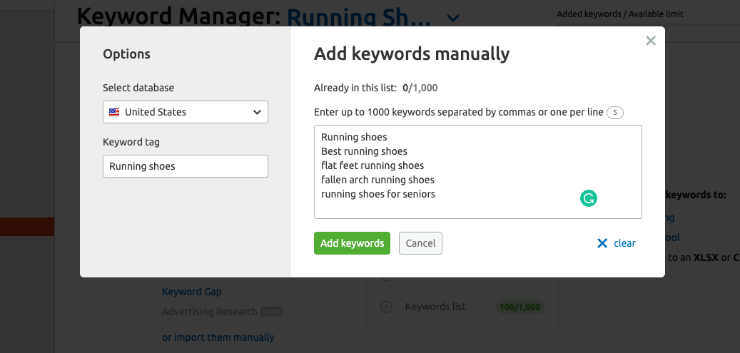 screenshot of semrush keyword manager   instrumentality   - adhd  keywords manually screen