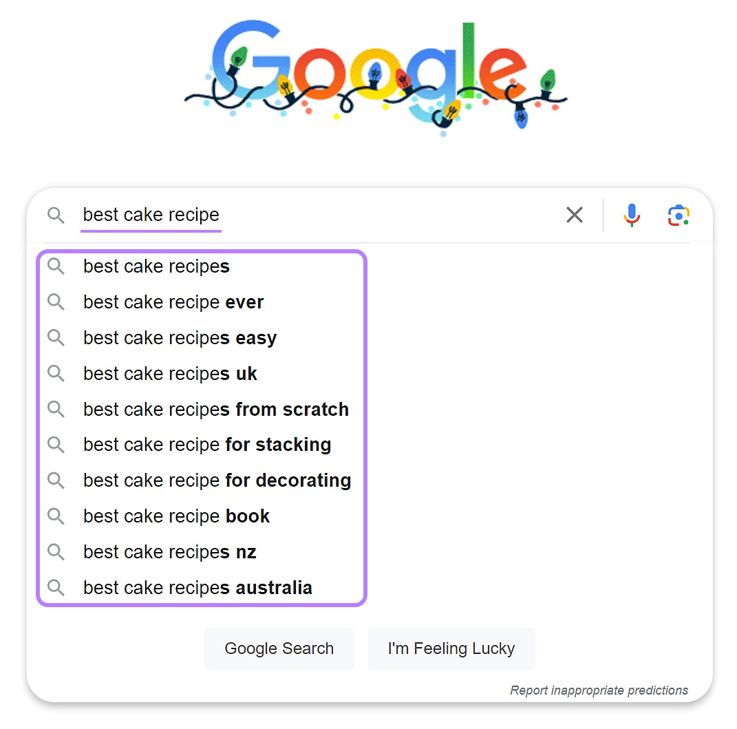 Google autocomplete suggestions when typing "best cake recipe.." into search
