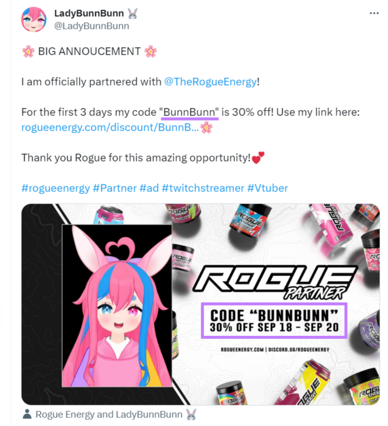 @LadyBunnBunn post on X (formerly Twitter) about partnership with Rogue Energy