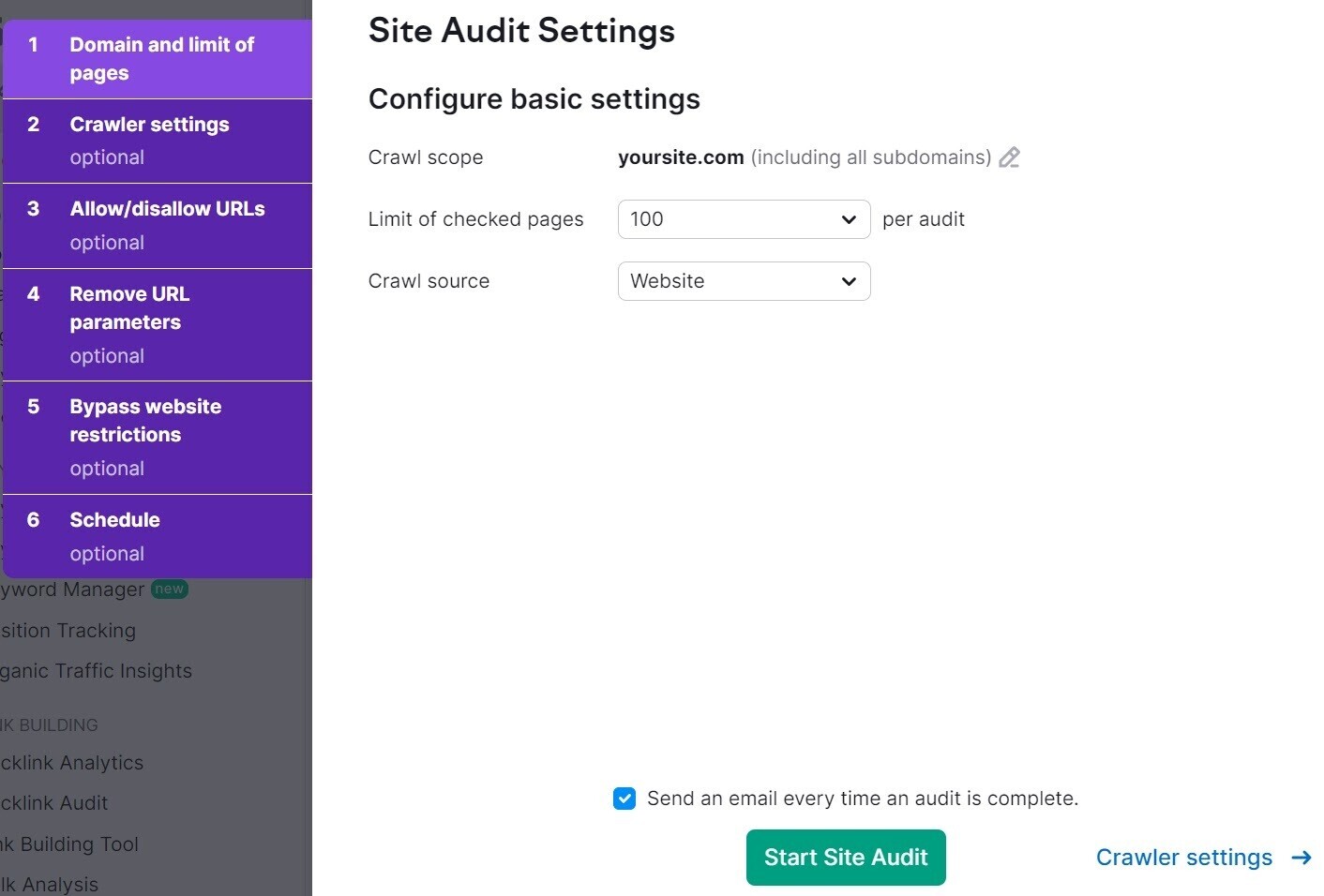 “Site Audit Settings” window