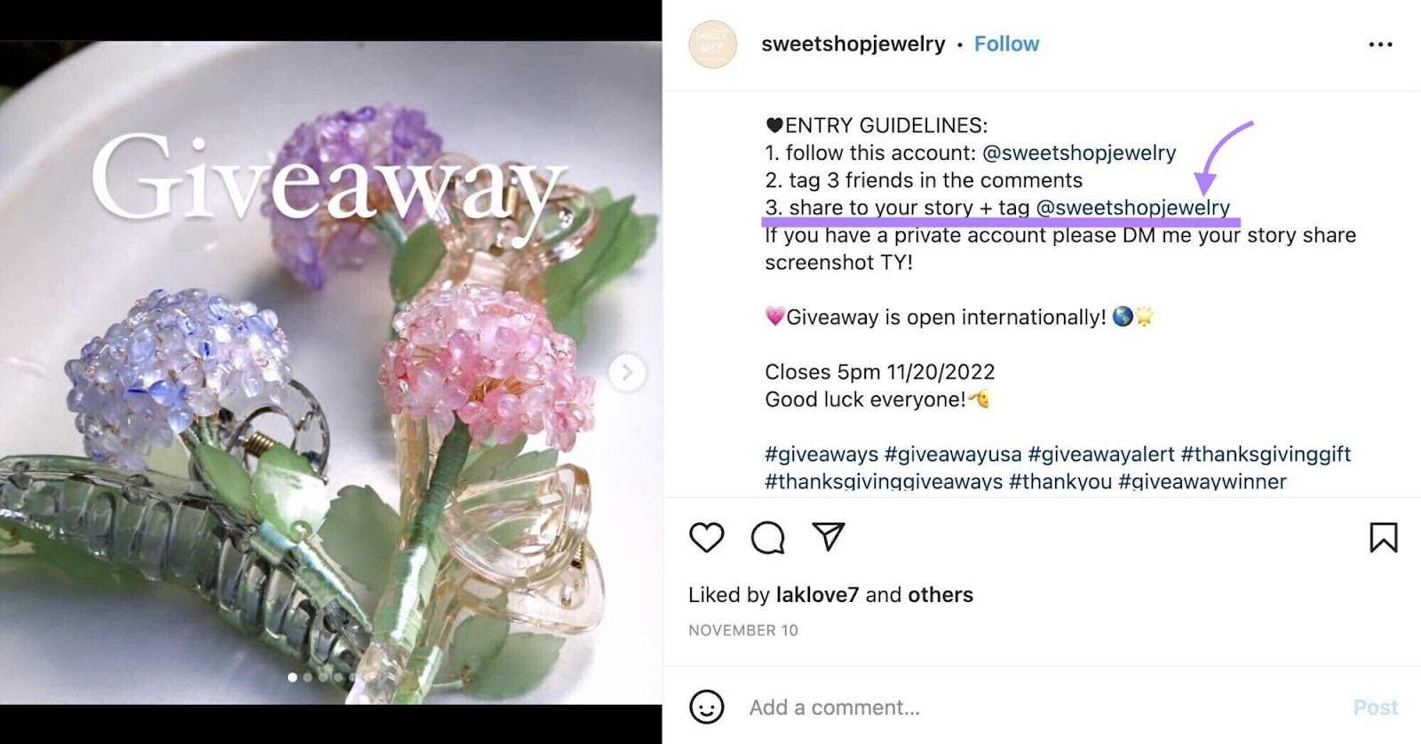 Publicação no Instagram para o concurso promovido por uma pequena joalheria