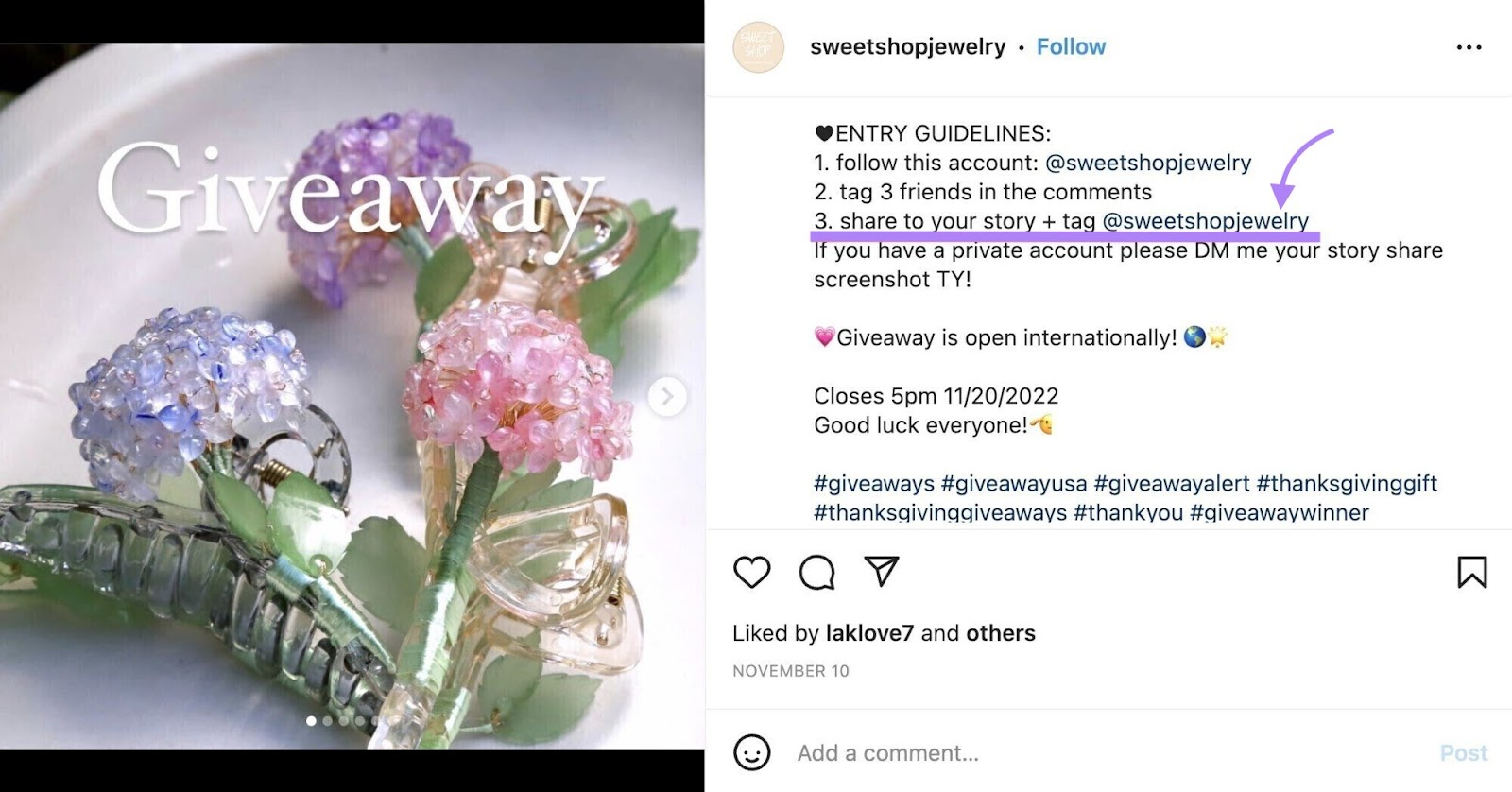 Instagram post for the contest run by a small jewelry shop