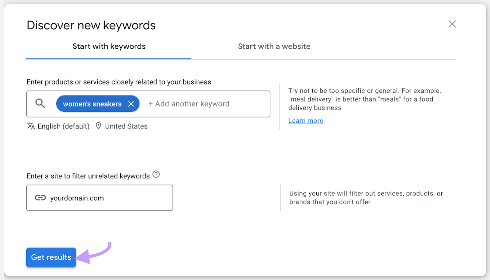 Google keyword planner "discover caller   keywords" tract  with the keyword "women's sneakers" successful  the hunt  bar.