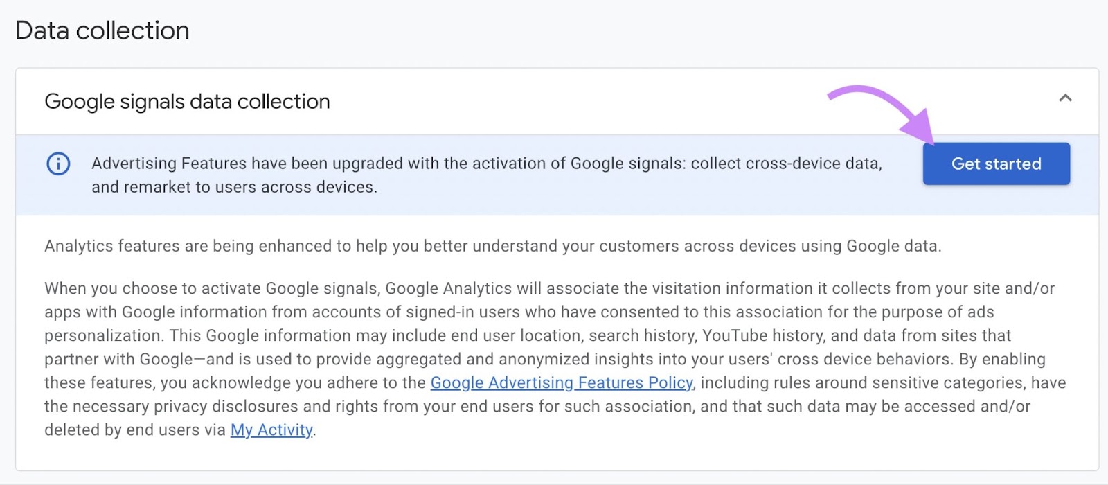 ‘Get Started’ button selected under "Data collection" screen