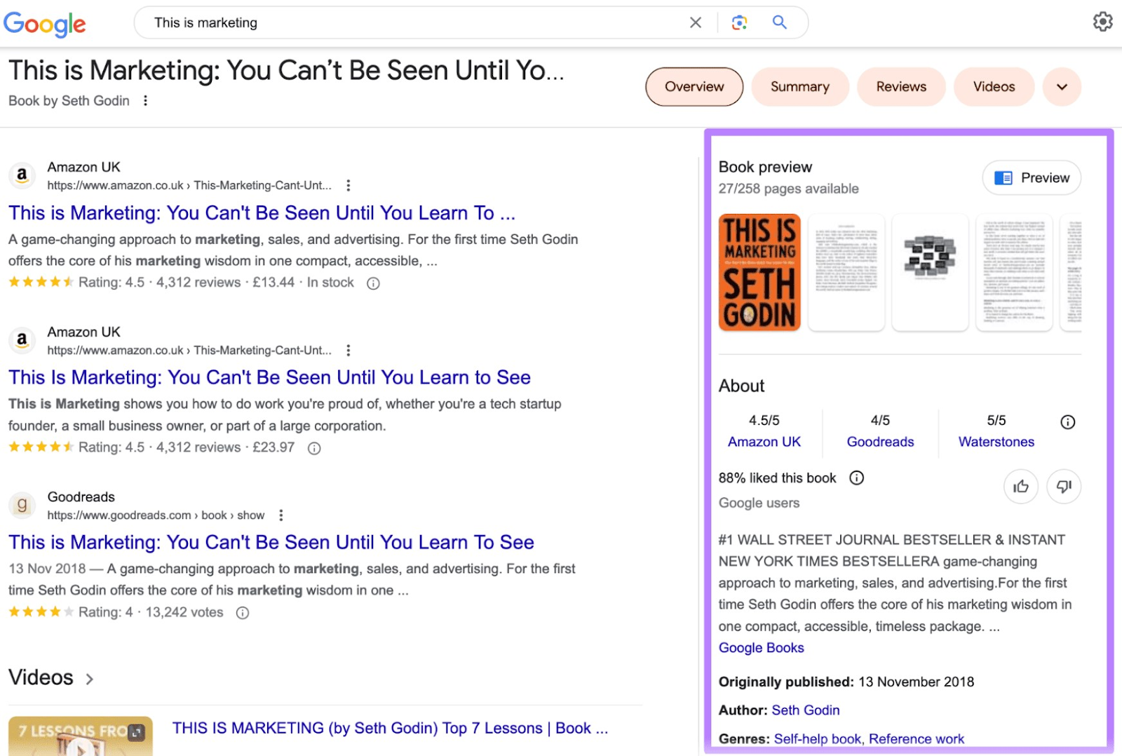 A Rich Snippet Featuring A Preview For Seth Godin'S Book, &Quot;This Is Marketing&Quot; Featured On Google Serp