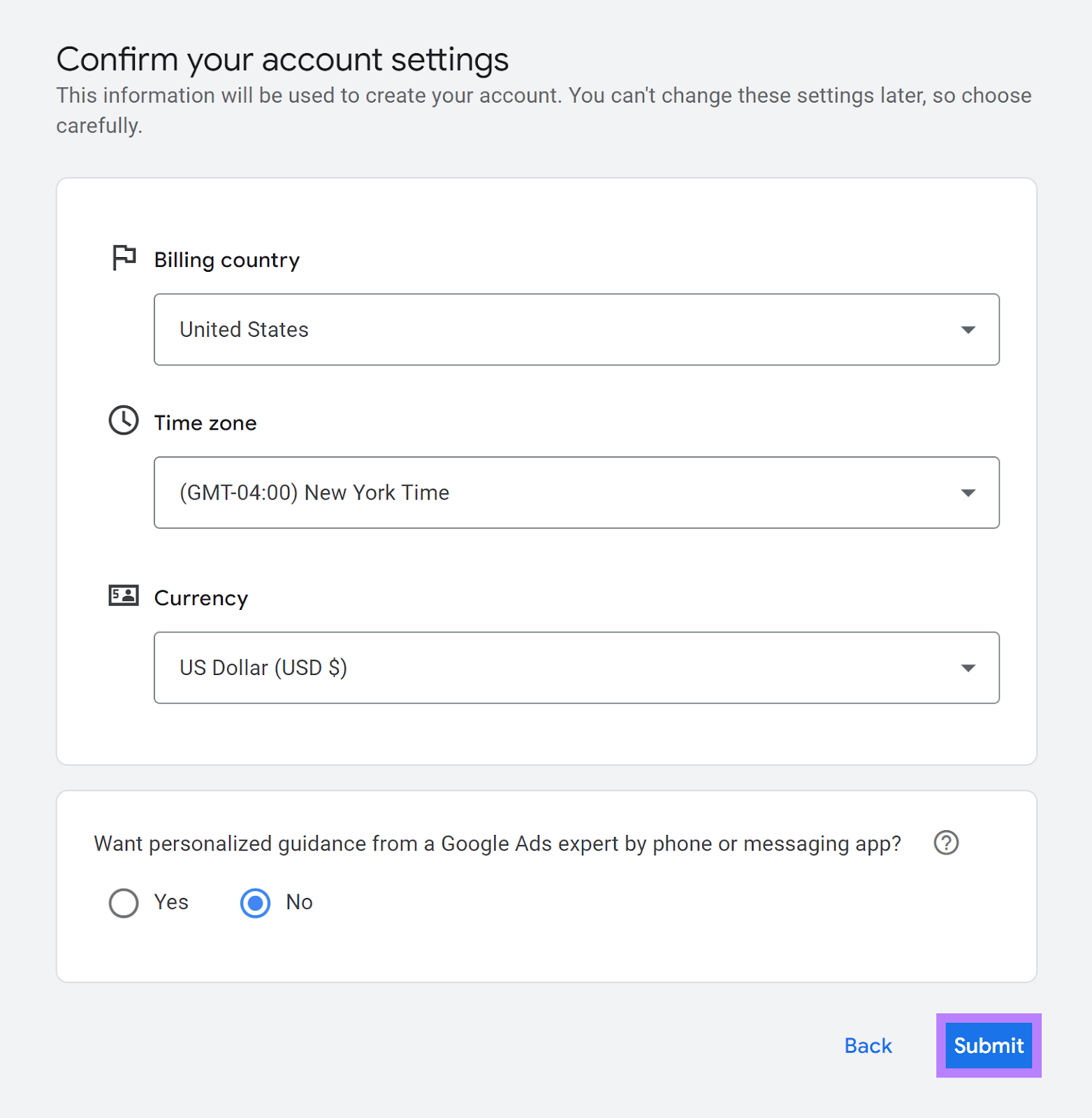 Confirm Account settings form completed and Submit button highlighted.