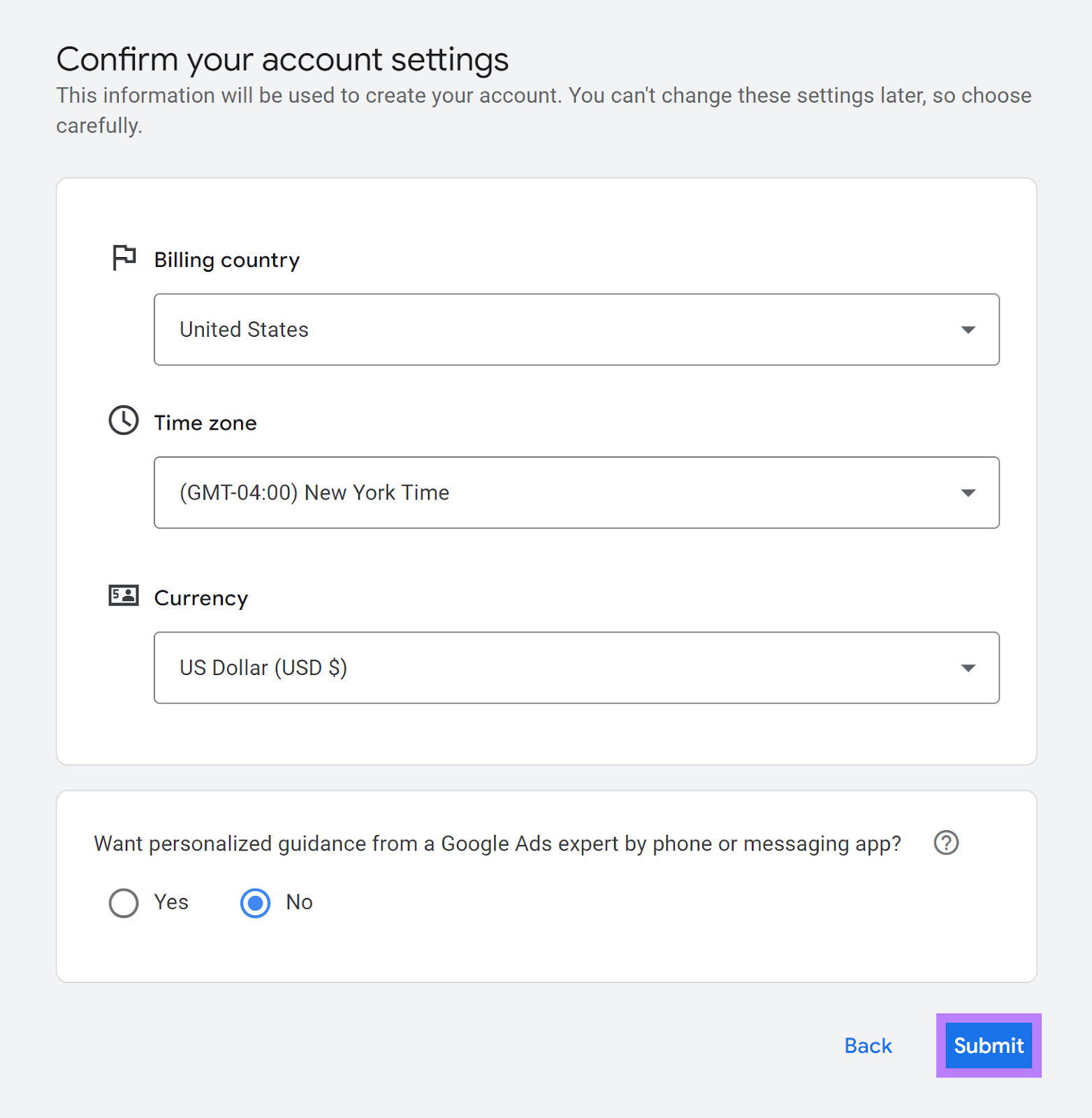 Confirm Account settings signifier  completed and Submit fastener  highlighted.