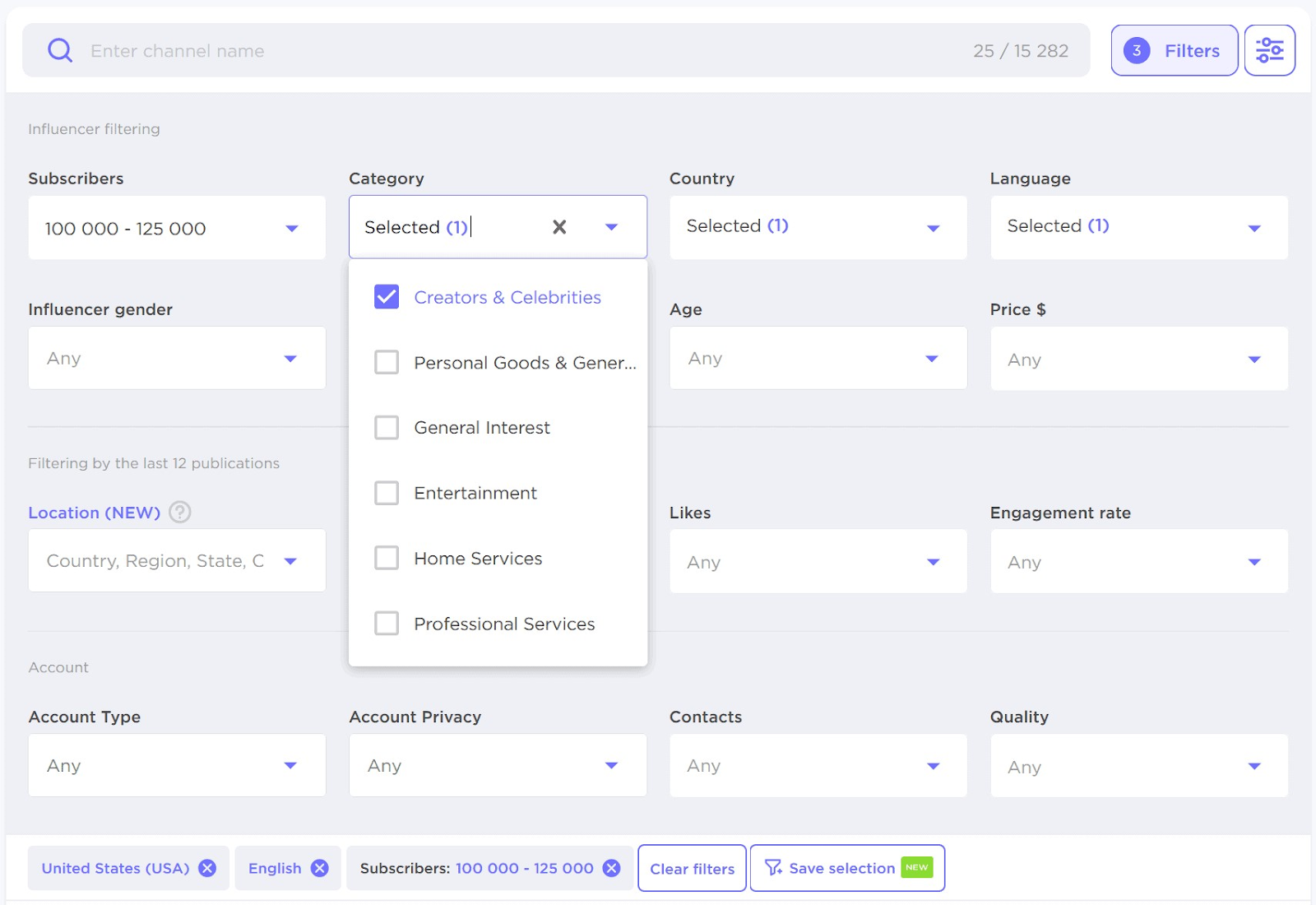 "Influencer filtering" section in Influencer Analytics