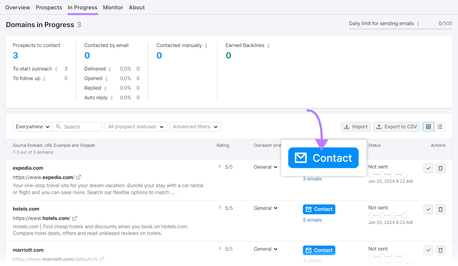 “Contact” button highlighted next to "expedia.com" result under "In Progress" tab