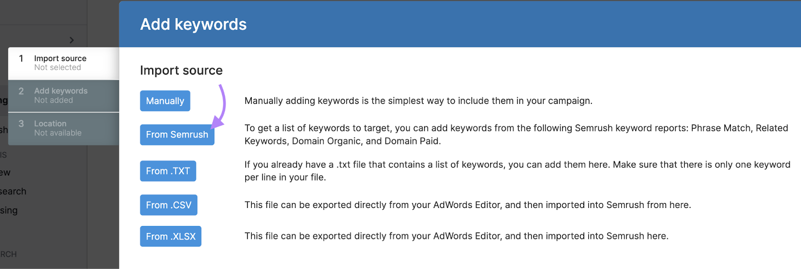 The "From Semrush" button in the "Add keywords" stage of the PPC Keyword Tool's setup wizard