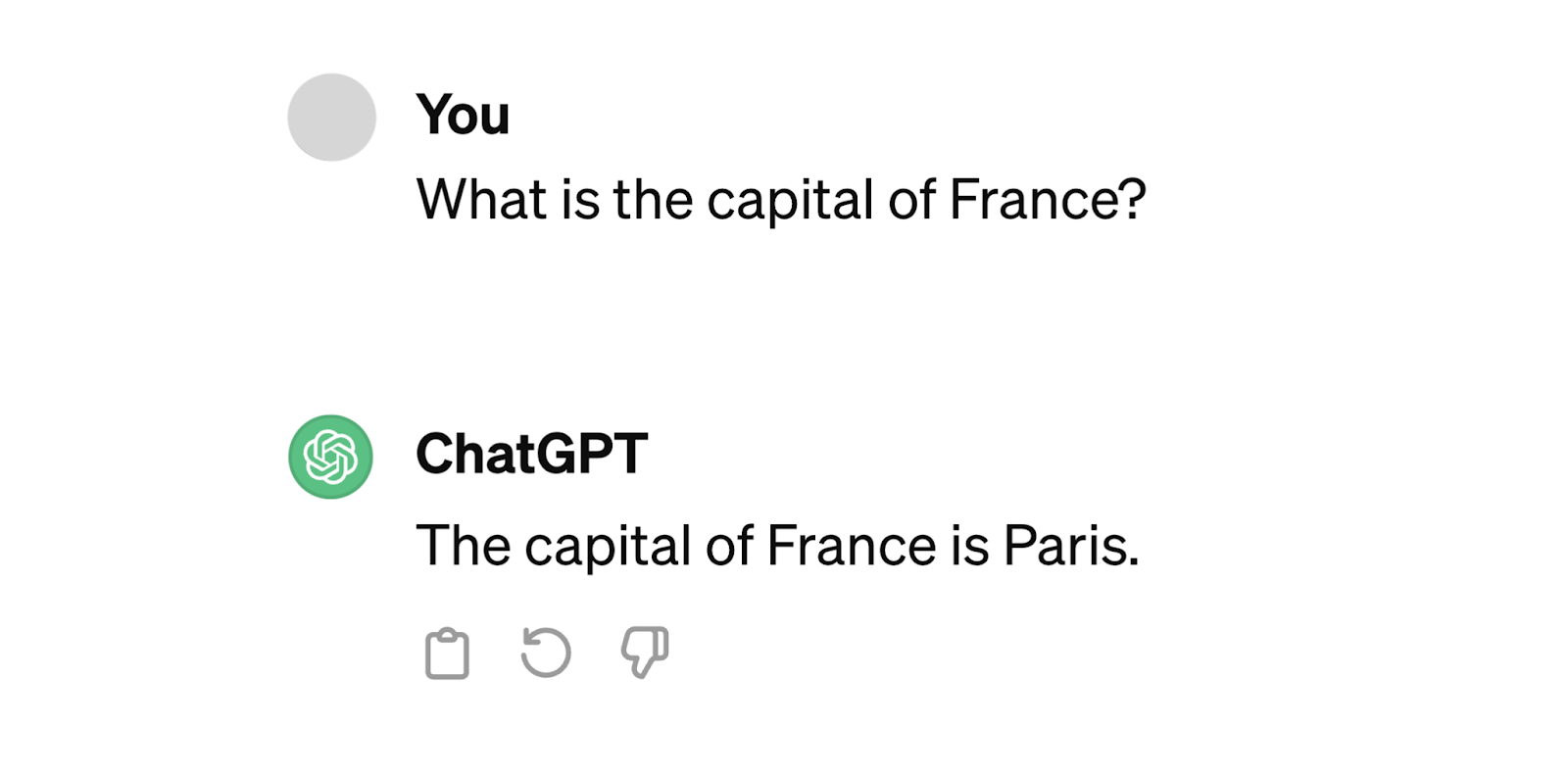 The question what is the capital of france with the chatgpt response the capital of france is paris as the response