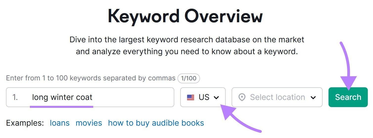 search for "long winter coat" in the US in Keyword Overview tool