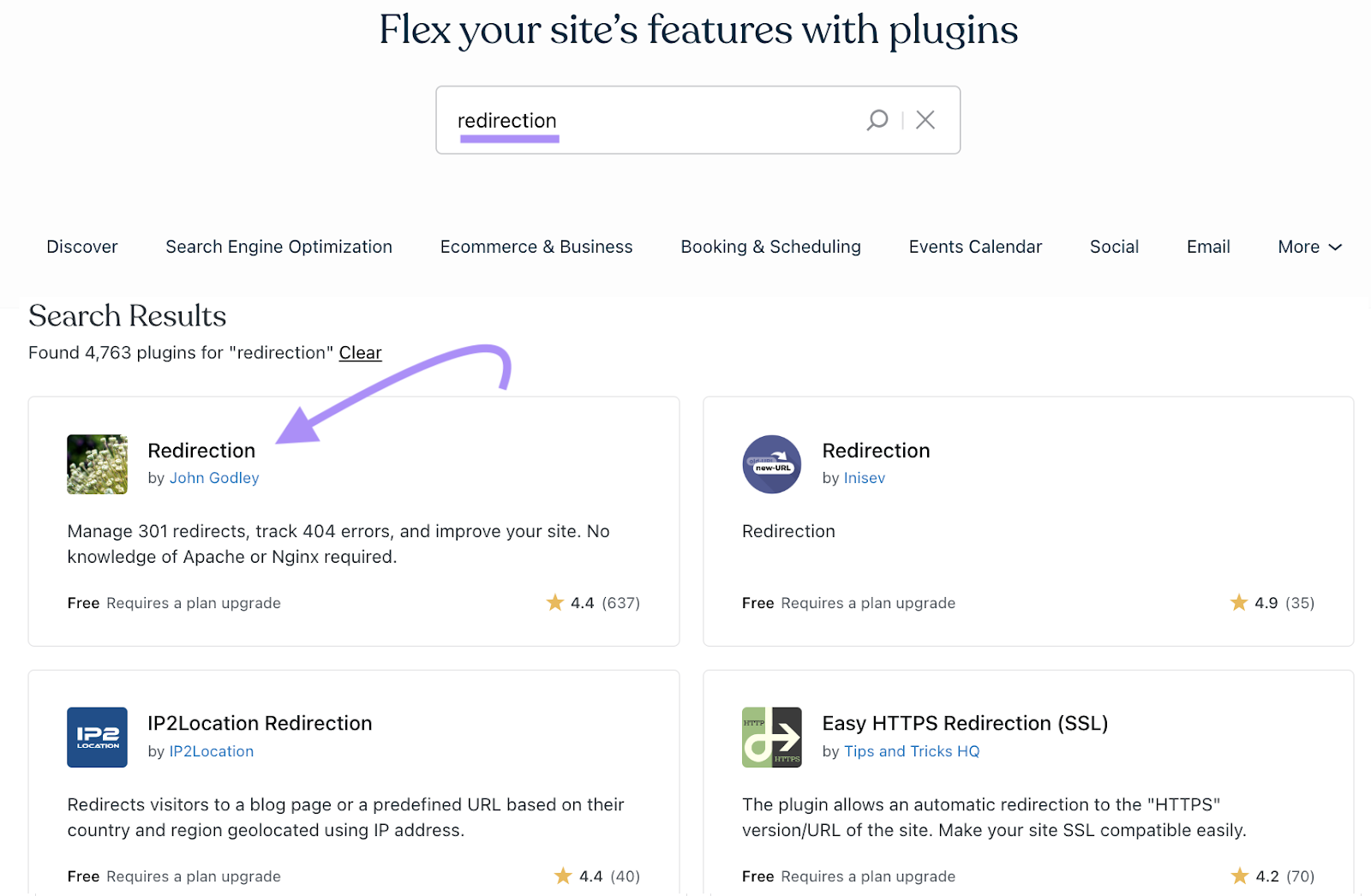 "Redirection" widget highlighted on WordPress plugins dashboard