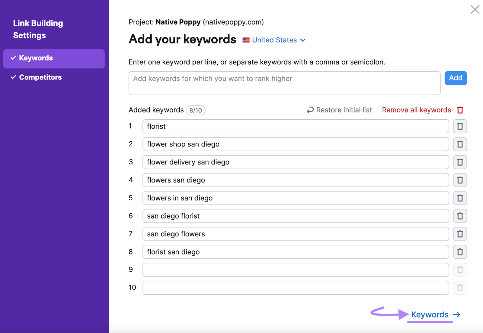 "Add your keywords" window in Link Building Tool settings
