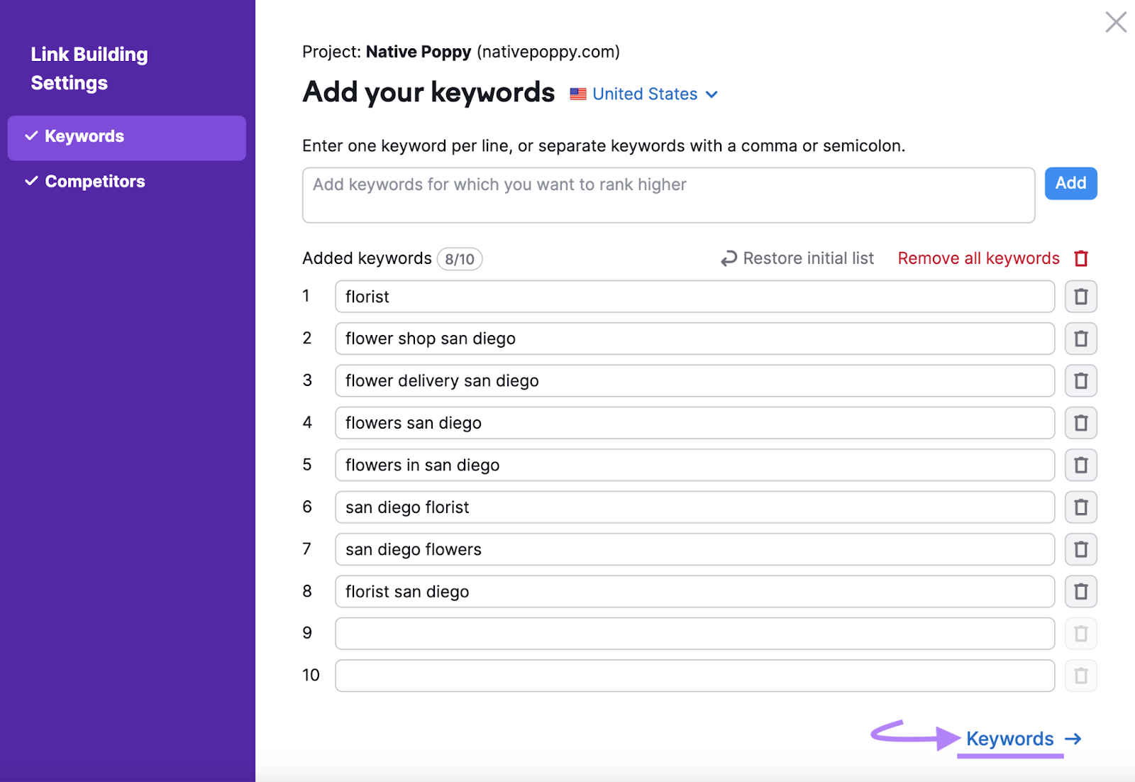 "Add your keywords" model   successful  Link Building Tool settings