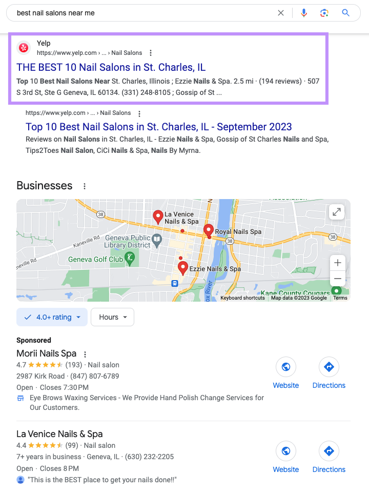 Yelp ranks first for the "best nail salons near me" search
