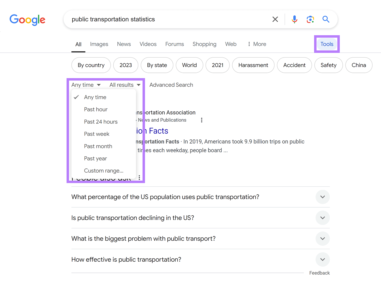 Google search for 'public transportation statistics' with Tools selected and Any time dropdown clicked and highlighted