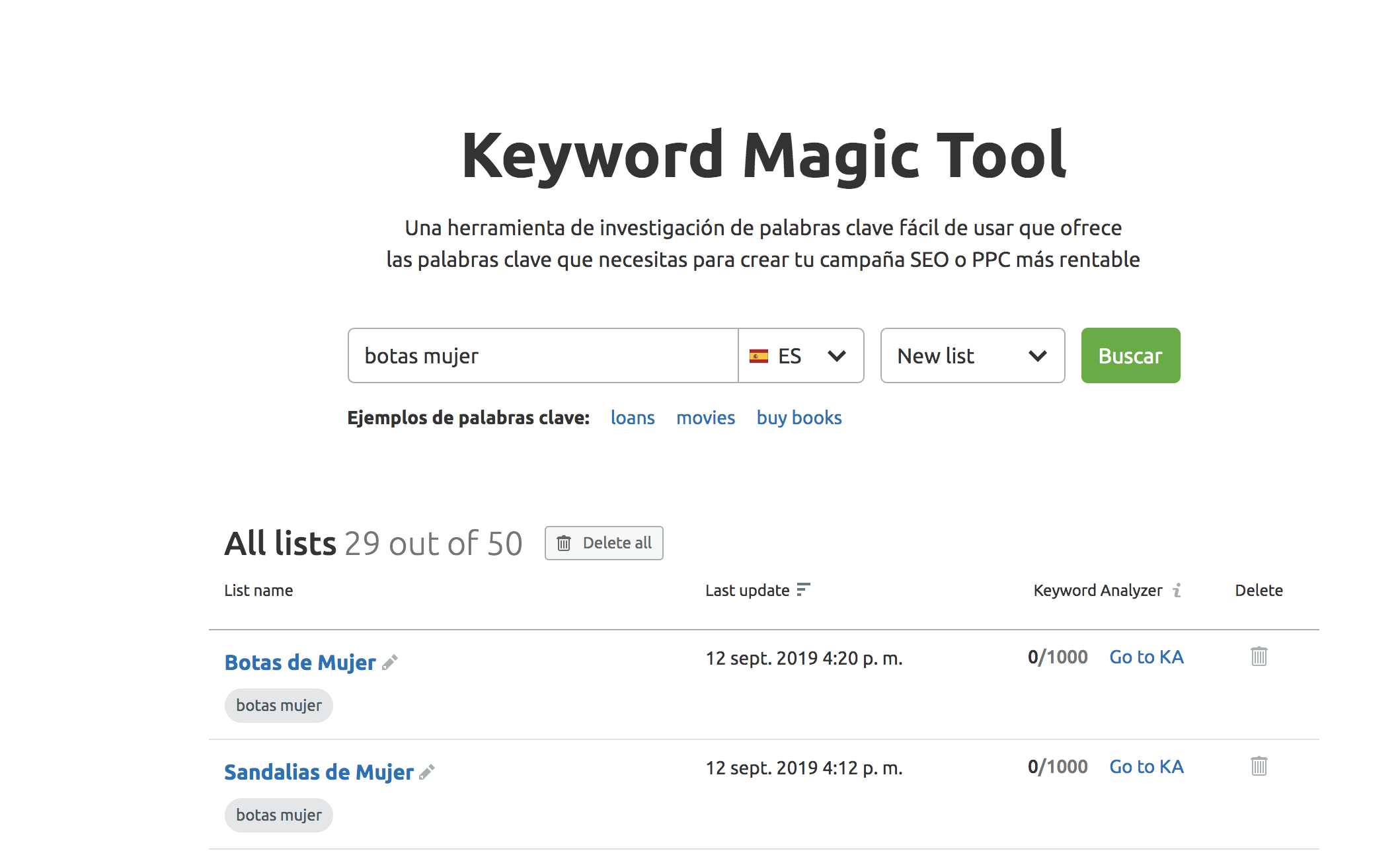 Análisis de keywords - Keyword magic tool listas