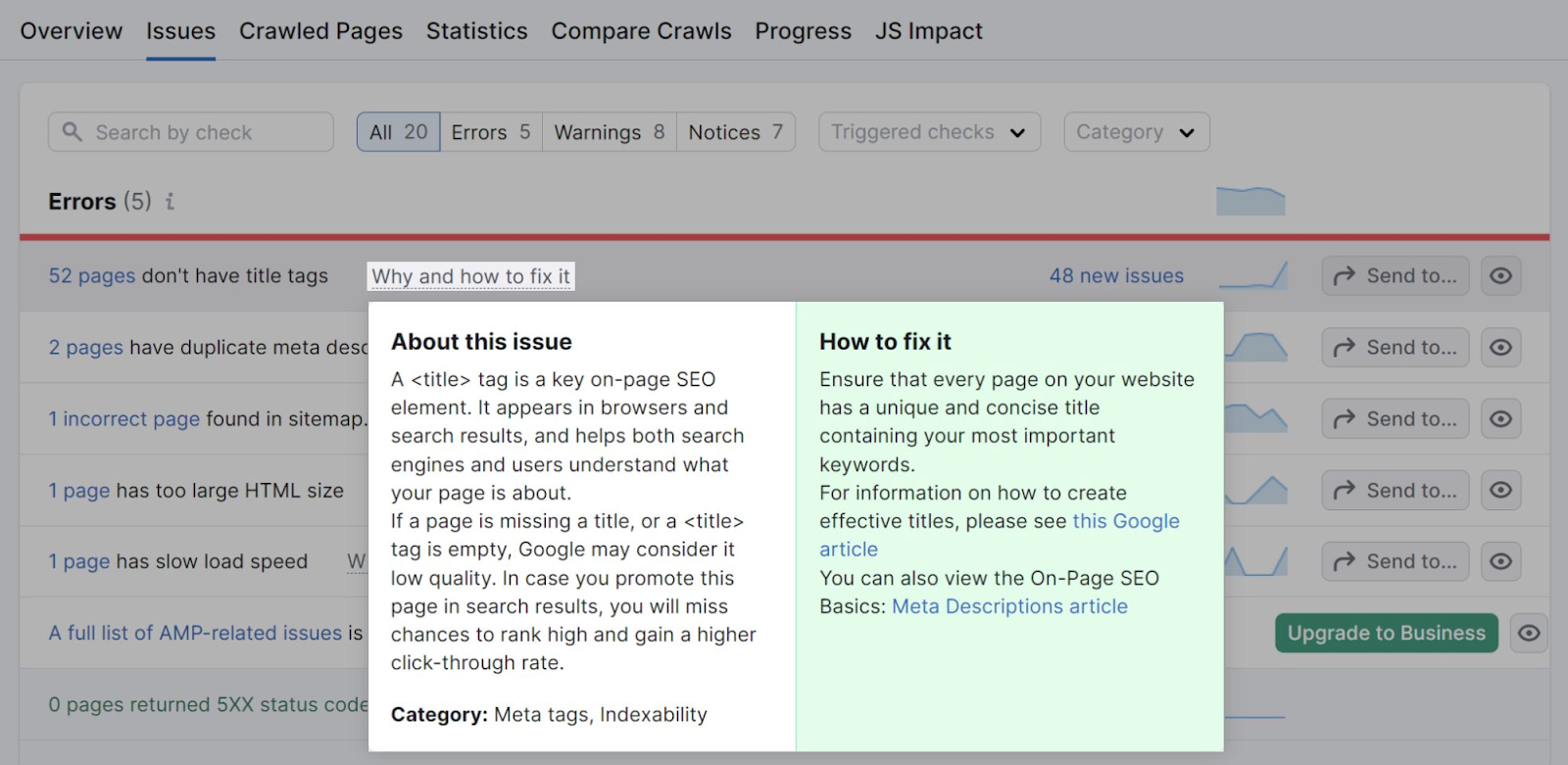 How to fix a title tag issue explained in Site Audit tool