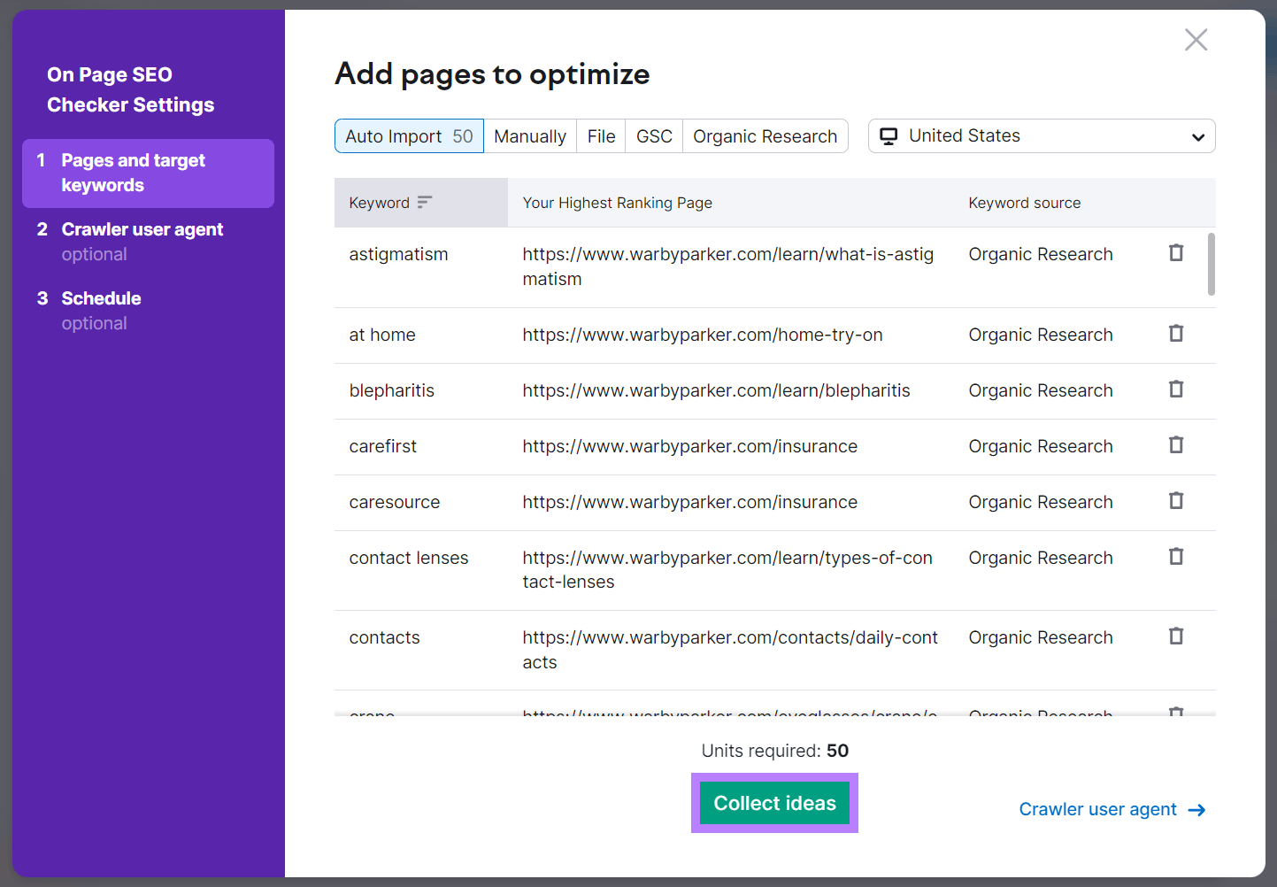 Settings popup App pages to optimize step with Collect ideas button highlighted.