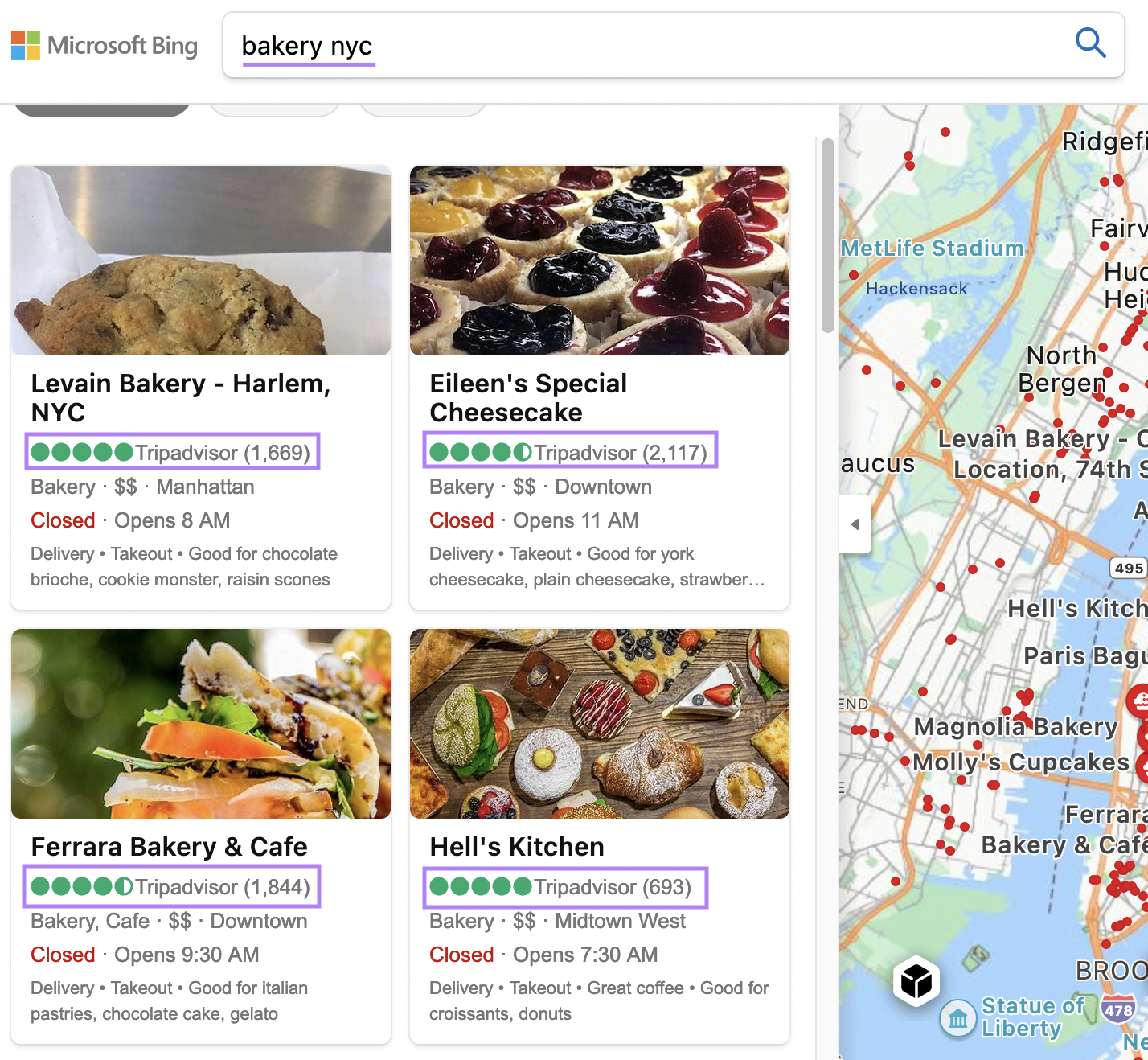 an example of listings with lots of reviews populating first results for "bakery nyc" search in Bing