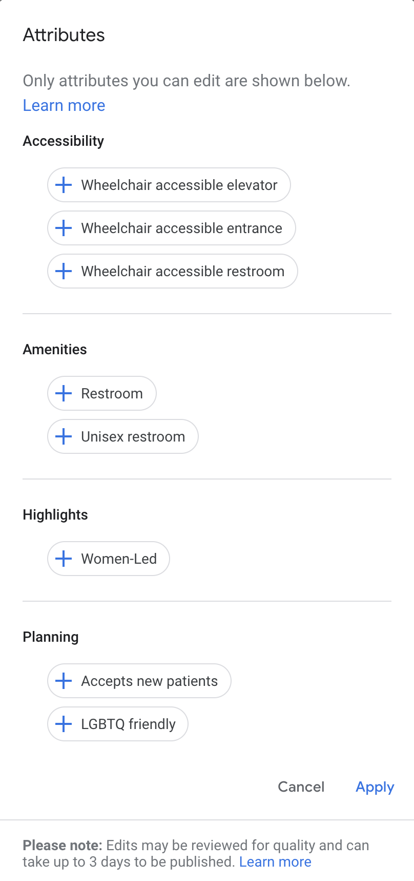 Choose Google My Business attributes - showing different options