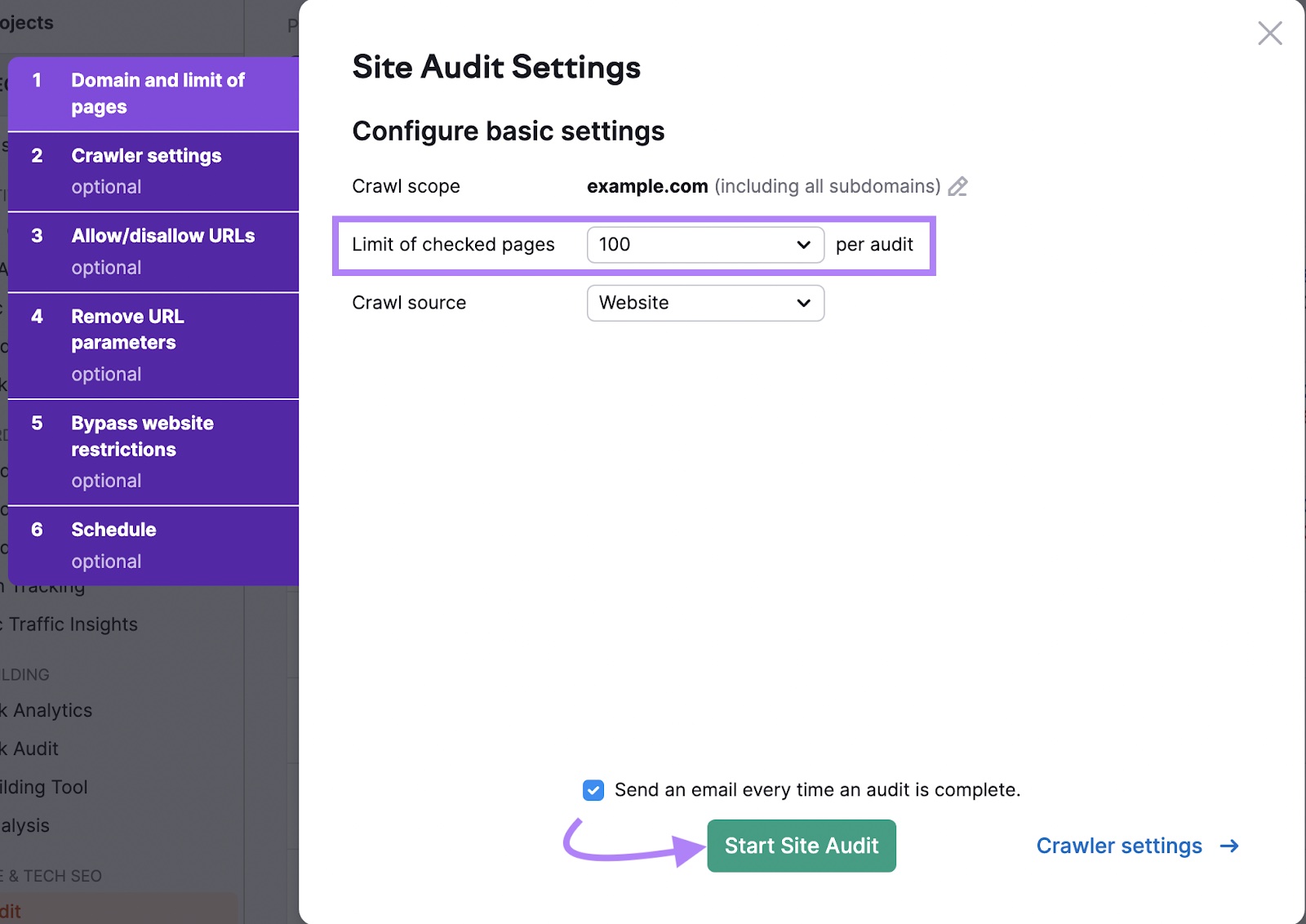 Site Audit settings page to select crawl scope, source and limit of checked pages.